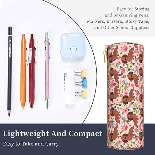 Miniatura 5 de FREEHOTU Bolsa de maquillaje simple de lona Bolsa de soporte de pluma Bolsa de almacenamiento de oficina, Perros florales de perro salchicha