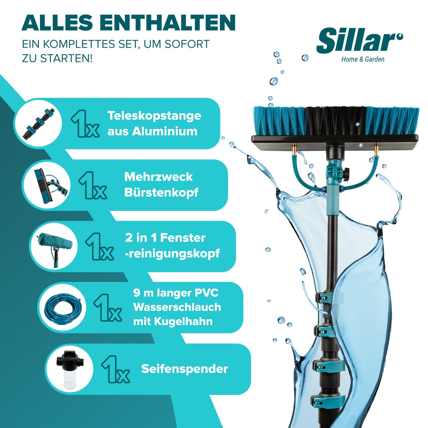 Sillar Perche Télescopique Nettoyage Panneaux solaires, Extensible à 3,95 metres, Brosse telescopique toiture avec Tuyau Intérieur Balai telescopique pour Toit