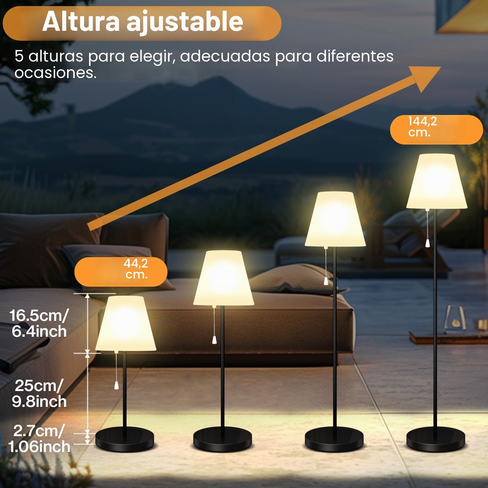 Lámpara de pie solar para exterior con sensor de luz, IP65 resistente al agua, USB recargable, brillo regulable en blanco cálido y RGB, lámpara de pie inalámbrica para exteriores para terrazas