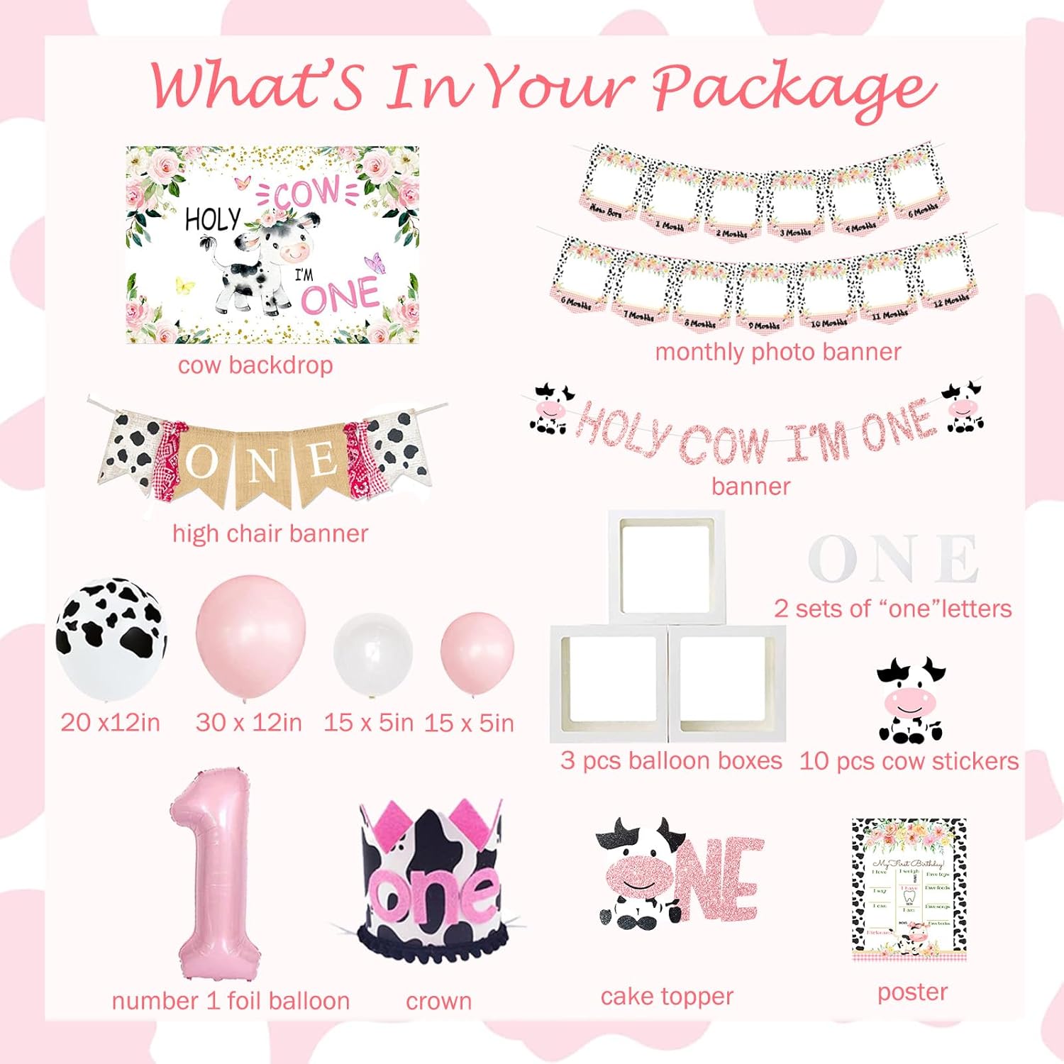 Holy Cow I'm One Birthday Decorations, 1st Birthday Decorations Girl, Cow First Birthday Party Supplies Girl, Cow Print One Year Old Birthday Decorations, First Birthday Girl Decorations - Image 2