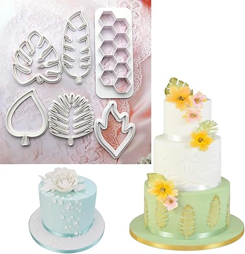 Miniatura 7 de Markeny Molde de estampado de fondant para tartas hexagonales de peonía y hojas tropicales, moldes de galletas para fondant de azúcar, molde para