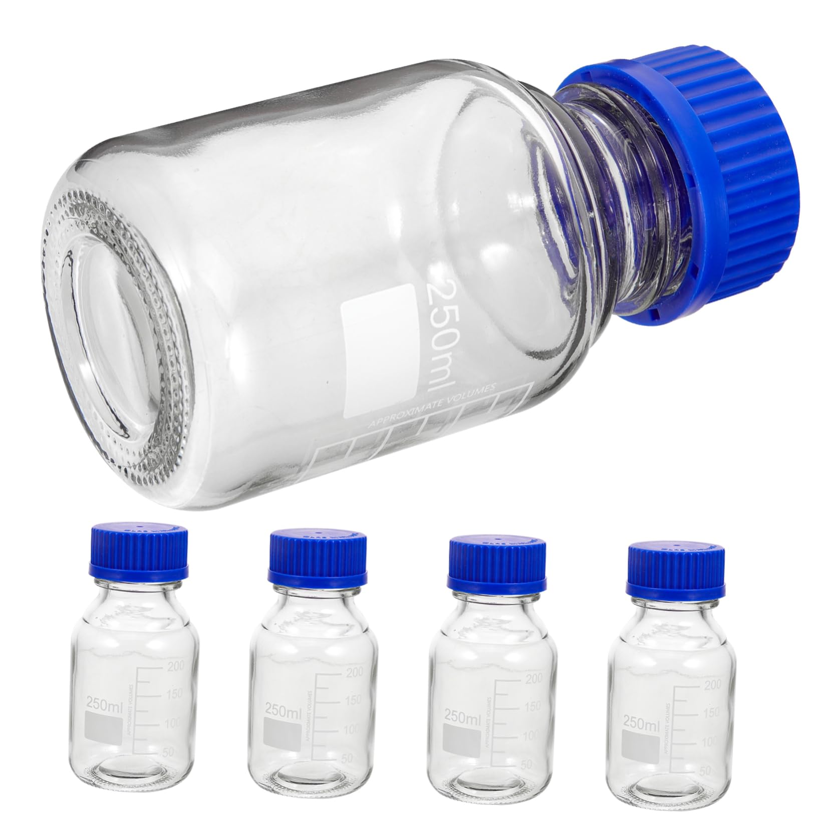 DECHOUS Bottiglie di Reagente 4 Pezzi in Vetro da 250ml Resistenti All'usura con Buona Tenuta con Tappo a Vite Blu per Laboratorio e Industria Chimica