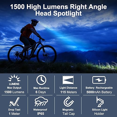 Miniatura 3 de Linterna frontal recargable  1500 lúmenes en ángulo recto diadema LED, linterna impermeable para adultos al aire libre, camping, senderismo, pesca,