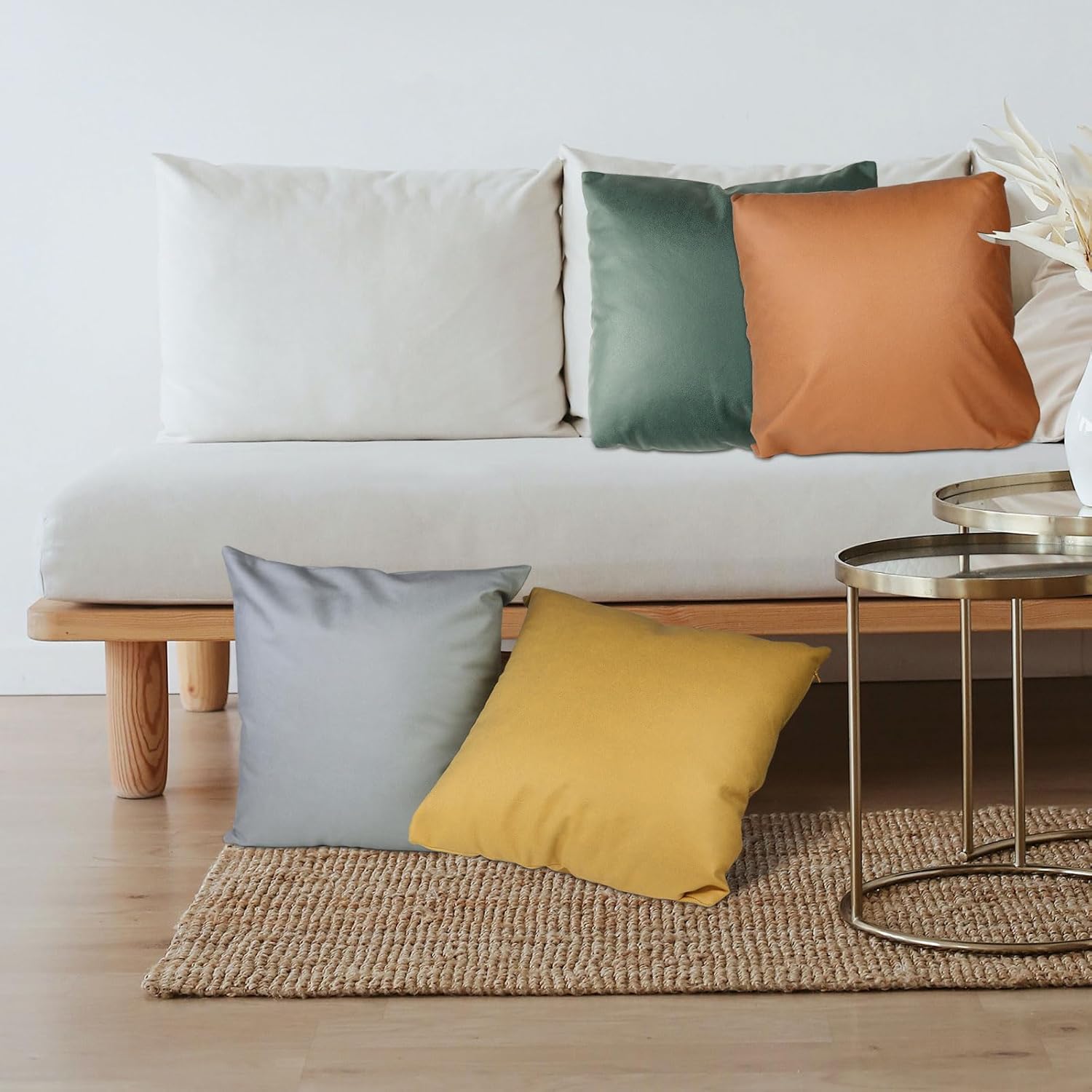 Air Leather Throw Pillow Covers 18x18 Set of 4, Soft Breathable Decorative Pillow Covers, Solid Pillow Covers Couch Pillows for Sofa Living Room Bed Car, Orange & Green
