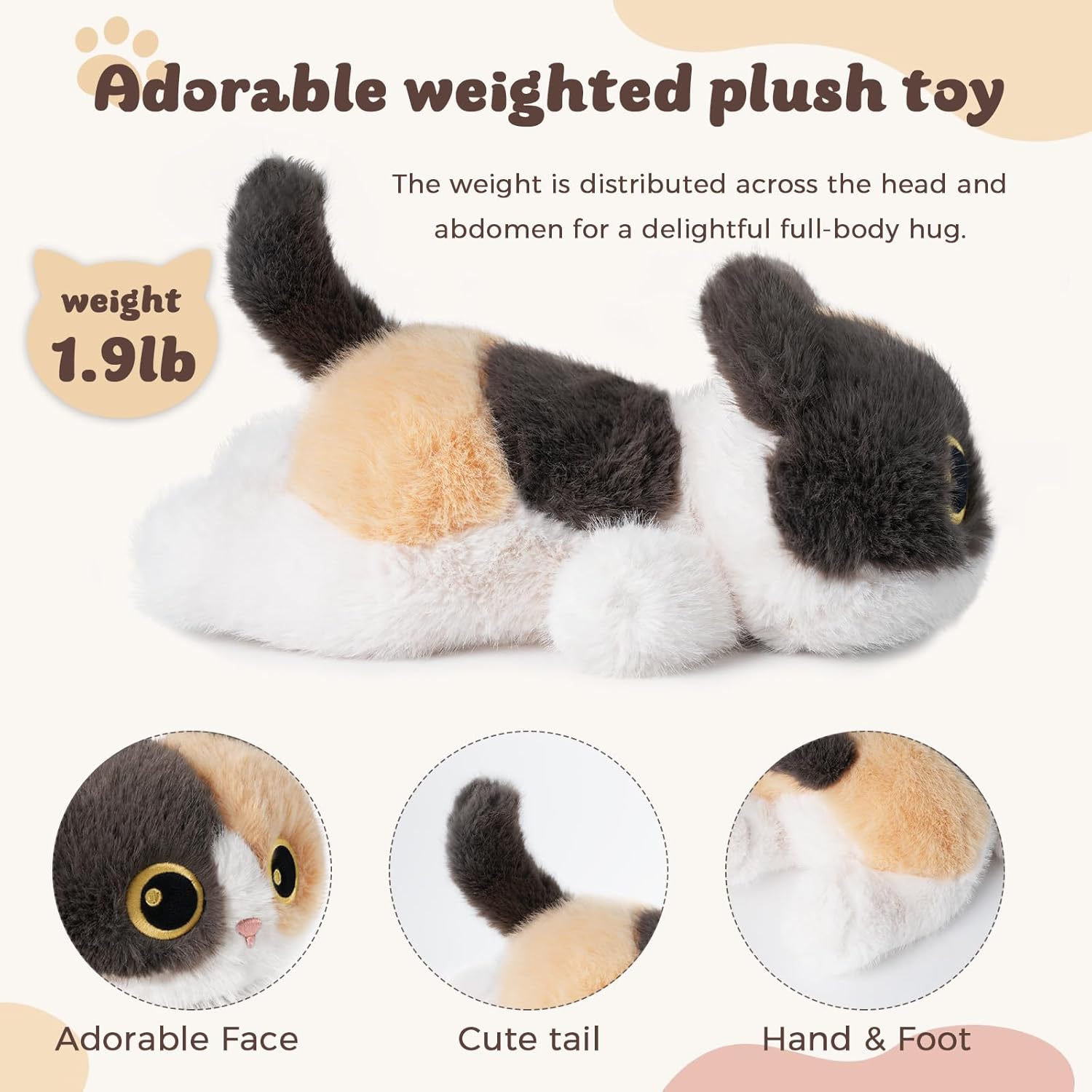 YOUBLEK Weighted Stuffed Animals Calico Cat - 1.9 lb Calico Cat Plush Toy, Cute cat Stuffed Animal Cuddle Plushies Gift for Kids & Adults