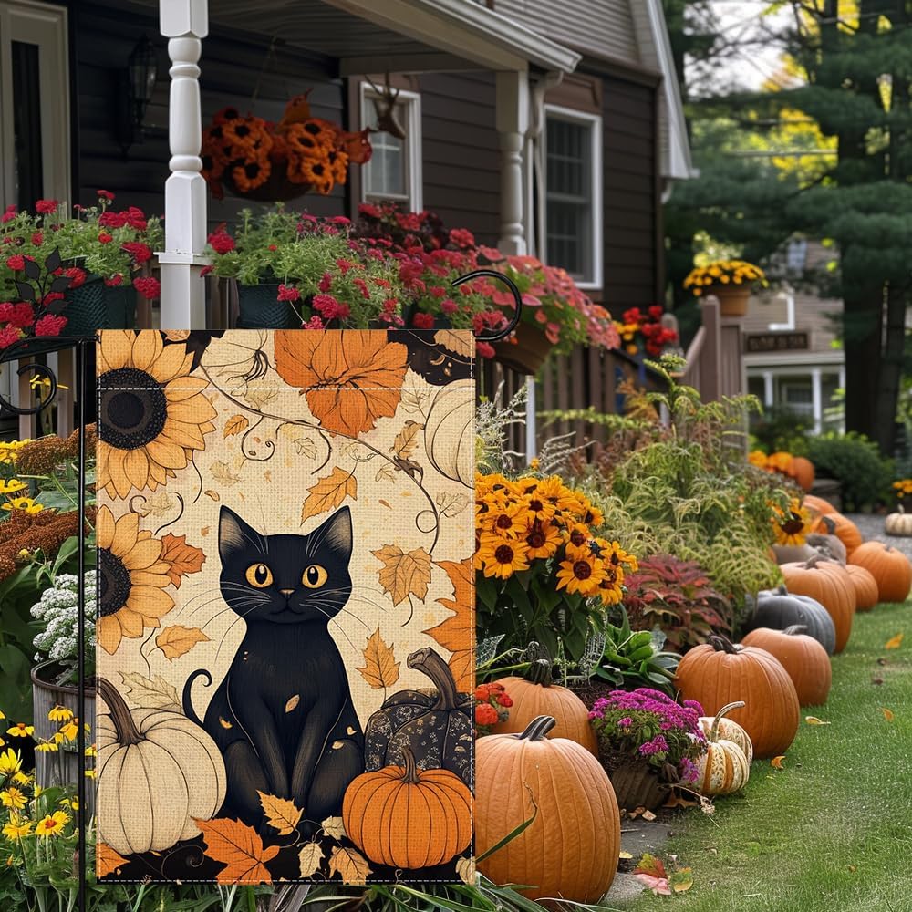 Fall Cat Pumpkin Garden Flag for Outside 12x18 Inch Double Sided Burlap Autumn Thanksgiving Maple Leaf Sunflower Flowers Farmhouse Holiday Rustic Outdoor Yard Flag Home Decorations - Image 3