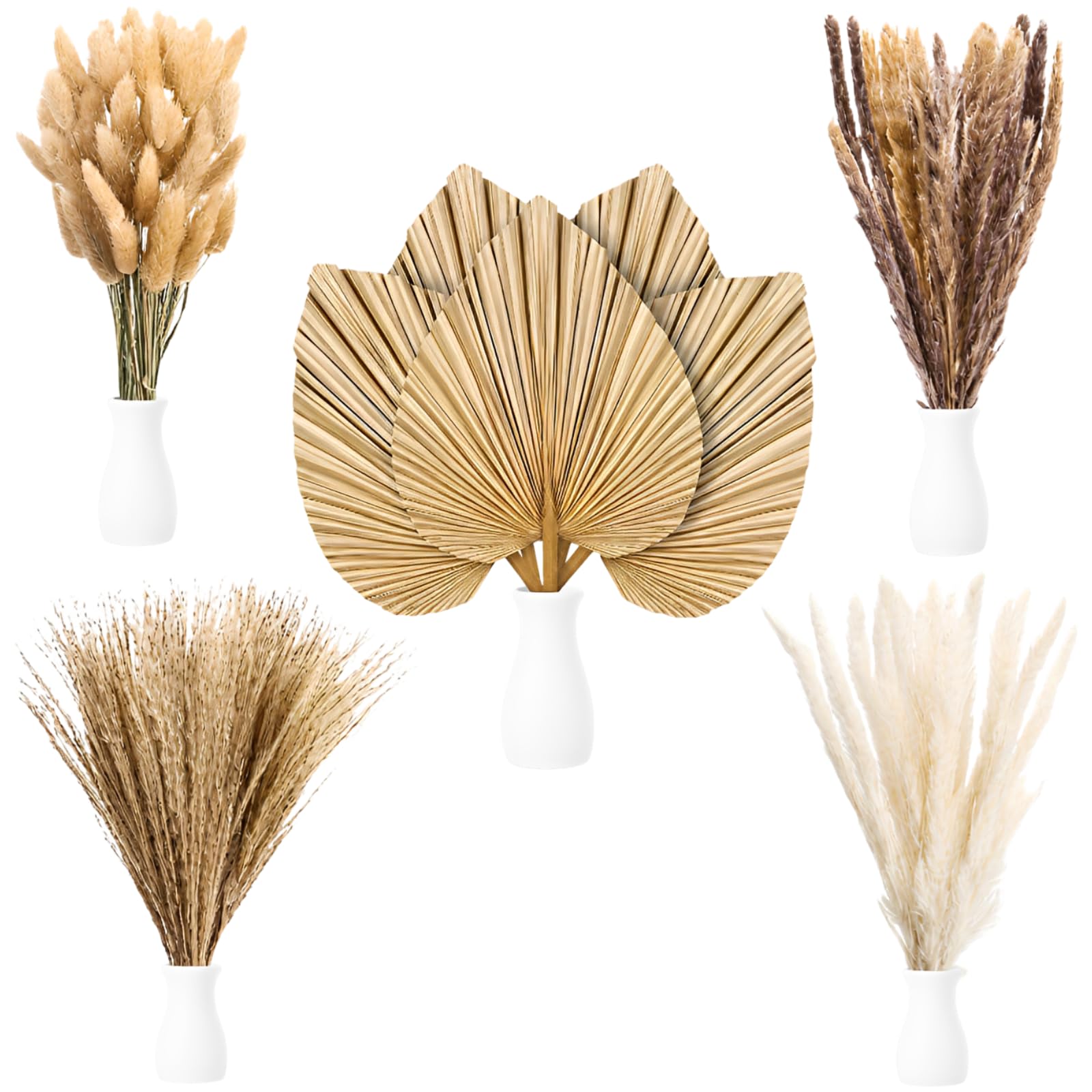 105 STK. Trockenblumen-Deko, Trockenpalmenblätter und Pampasgras-Blumenstrauß, natürliche Palm Spears für Boho-Tischdeko bei Hochzeit und Zuhause, DIY-Blumenarrangements