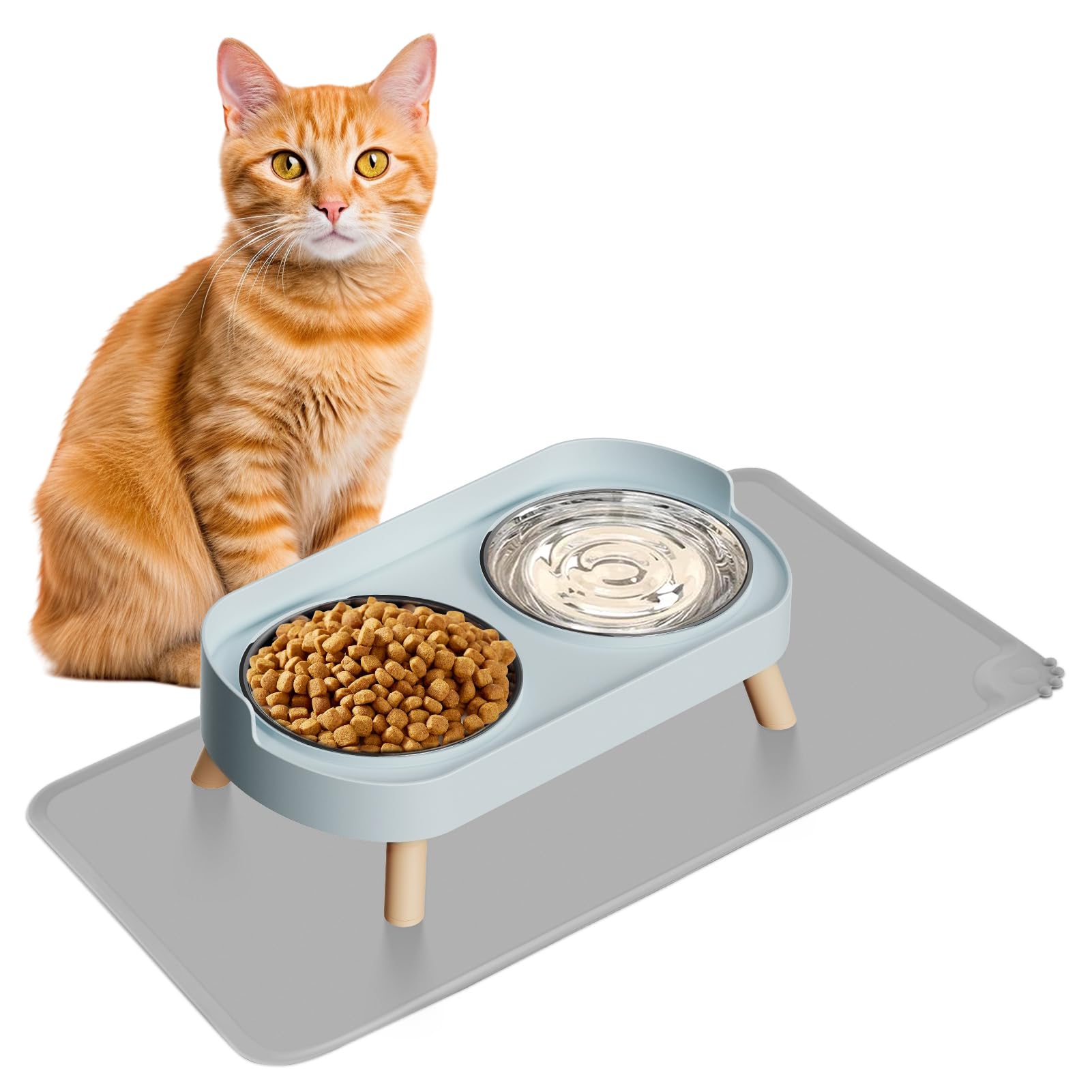Elevated Cat Bowl with Food Mat, Raised Cat Food and Water Bowl Set for Indoor Cats, Splash Proof with 2 Stainless Steel Pet Food Bowls for Cats and Puppies,Whisker Fatigue and Dishwasher Safe (Blue)