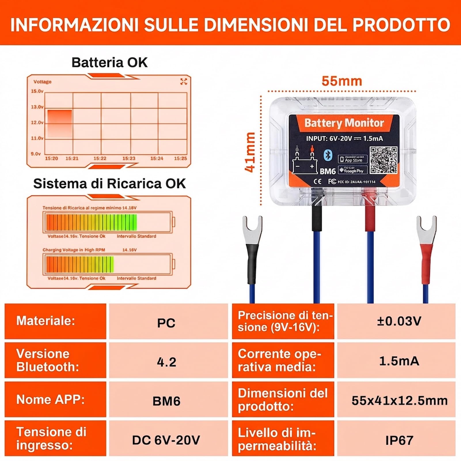 Battery monitor 12V Bluetooth 4.2 Tester batteria auto DC 6V-20V Monitoraggio dello stato della batteria in tempo reale con protezione da cortocircuito e inversione di polarità Avviso anomalo.
