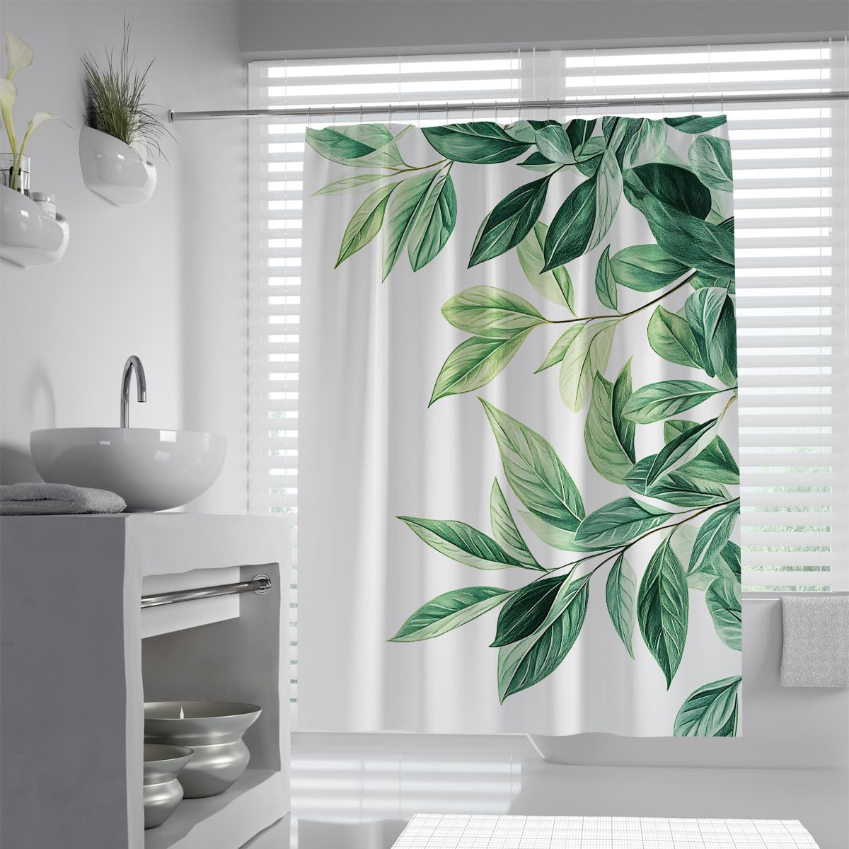 UIRINGART Watercolor Green Leaves Botanical Branch Shower Curtain W180xL200cm Fresh Eucalyptus Plant Pattern Fabric Anti Mould Washable Bathroom Screen Decor Home Hotel