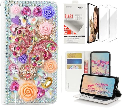 STENES Bling - Funda tipo cartera compatible con iPod Touch de 7 generación (2019), elegante, hecha a mano, 3D, diseño de flores de mariposa rosa,