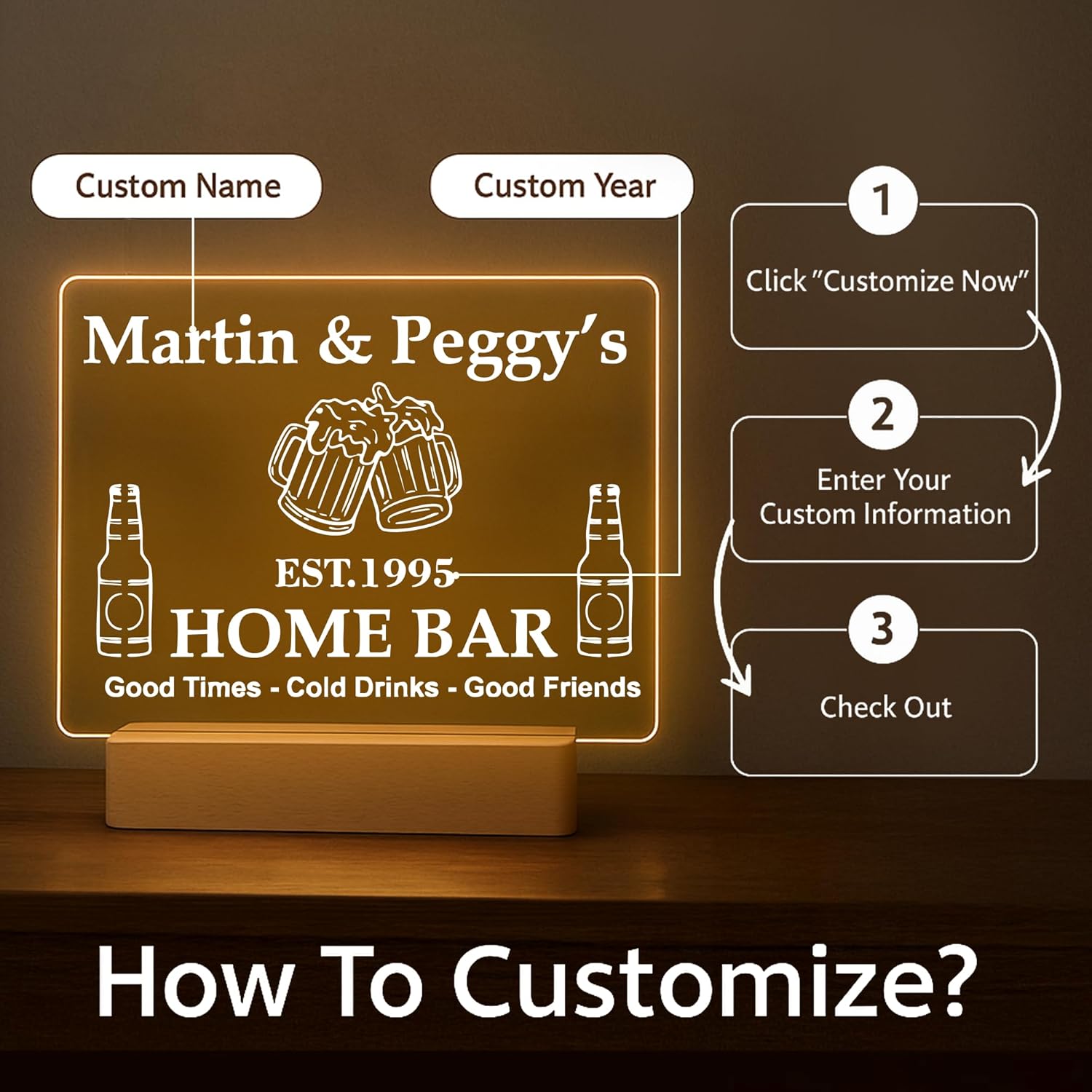Personalized Bar Gifts for HOME BAR, Custom Name Date Acrylic Light Up Signs, Customized Acrylic Plaque with Night Light, Personalized Night Light for Man Cave Decor (Bar#3)