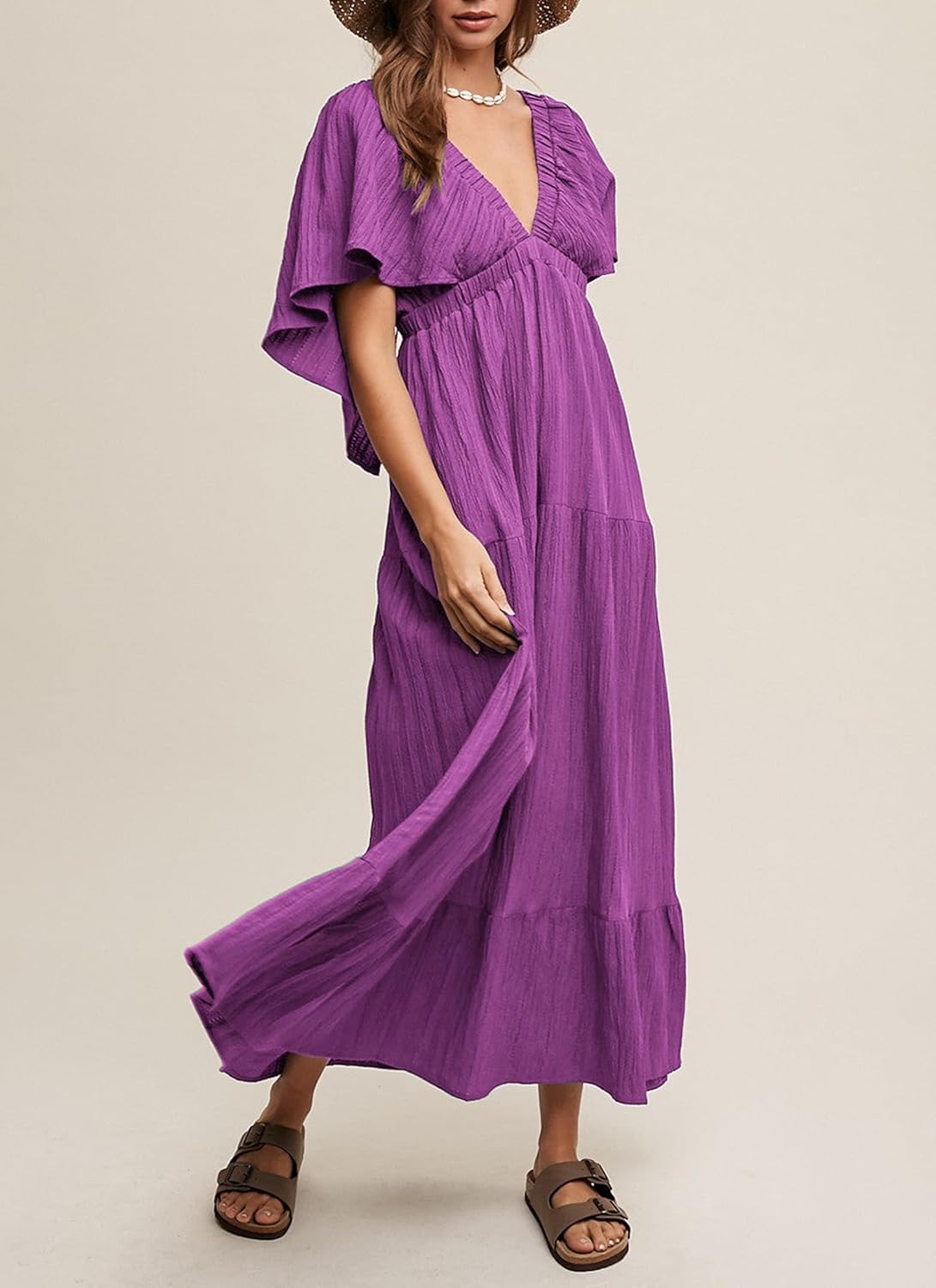 Kikibell Women Summer Dresses Sexy V-Neck Maxi Dress Tiered Silhouette with Flutter Sleeve Backless Elastic Waist Flowy Dress - Image 5