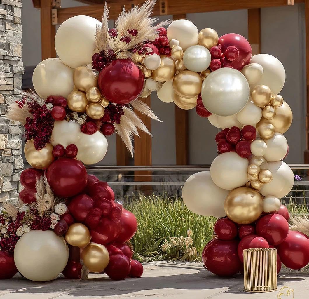Burgundy Gold Balloons Garland Double Stuffed Wine Red Sand White Metallic Gold Latex Balloons Arch Kit for Valentine Bridal Wedding Anniversary Baby