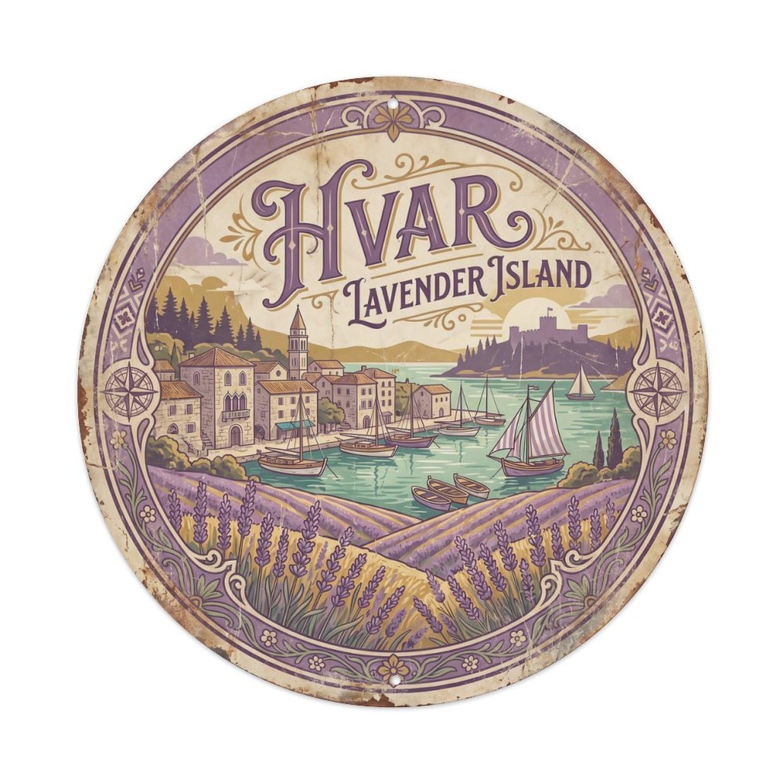 Vintage Travel Hvar Lavender Island Metal Tin Sign Plaque Wall Decor for Cafe, Club Bar, Office, Home Garden Round Metal Poster 8x8Inch