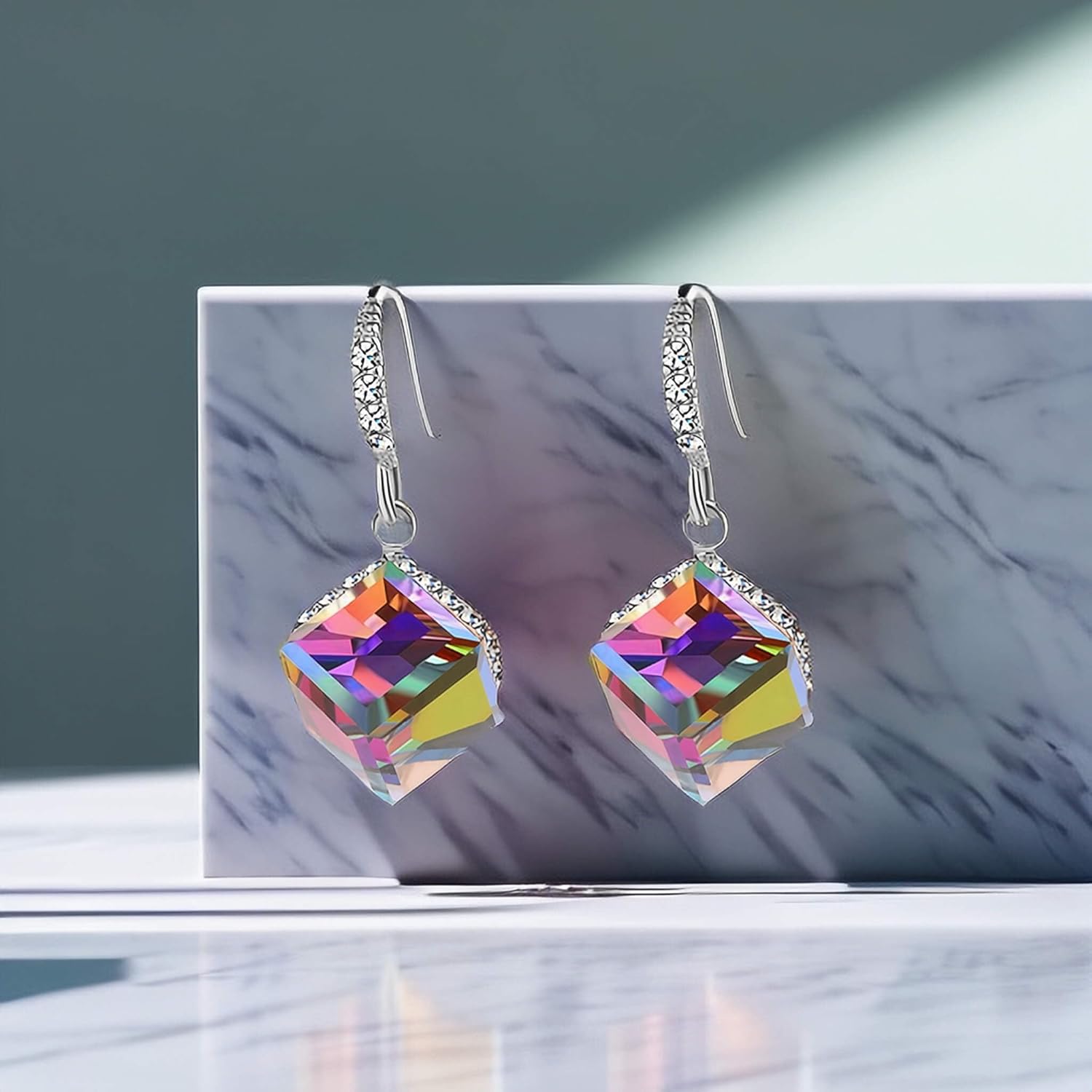 Austrian Crystal Cube Drop Dangle Earrings for Women 14K Gold Plated Hypoallergenic Jewelry - Image 3