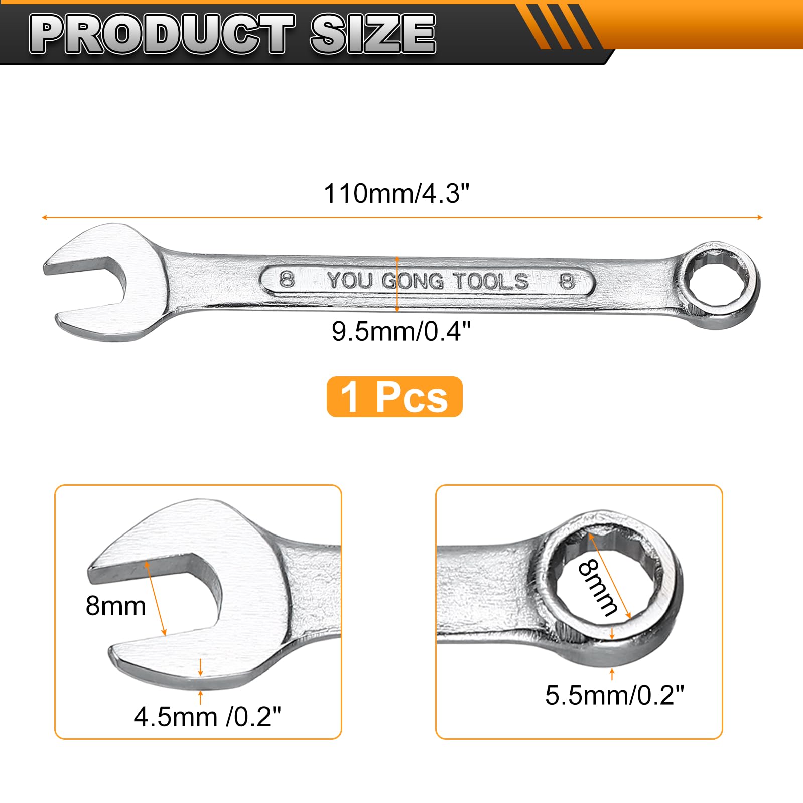 Llave combinada métrica de 8 mm de Extremo Abierto y 12 Puntas con Extremo de Caja acodado a 15 Grados. Llaves de Doble Extremo para Herramientas domésticas, automotrices y de Bricolaje.