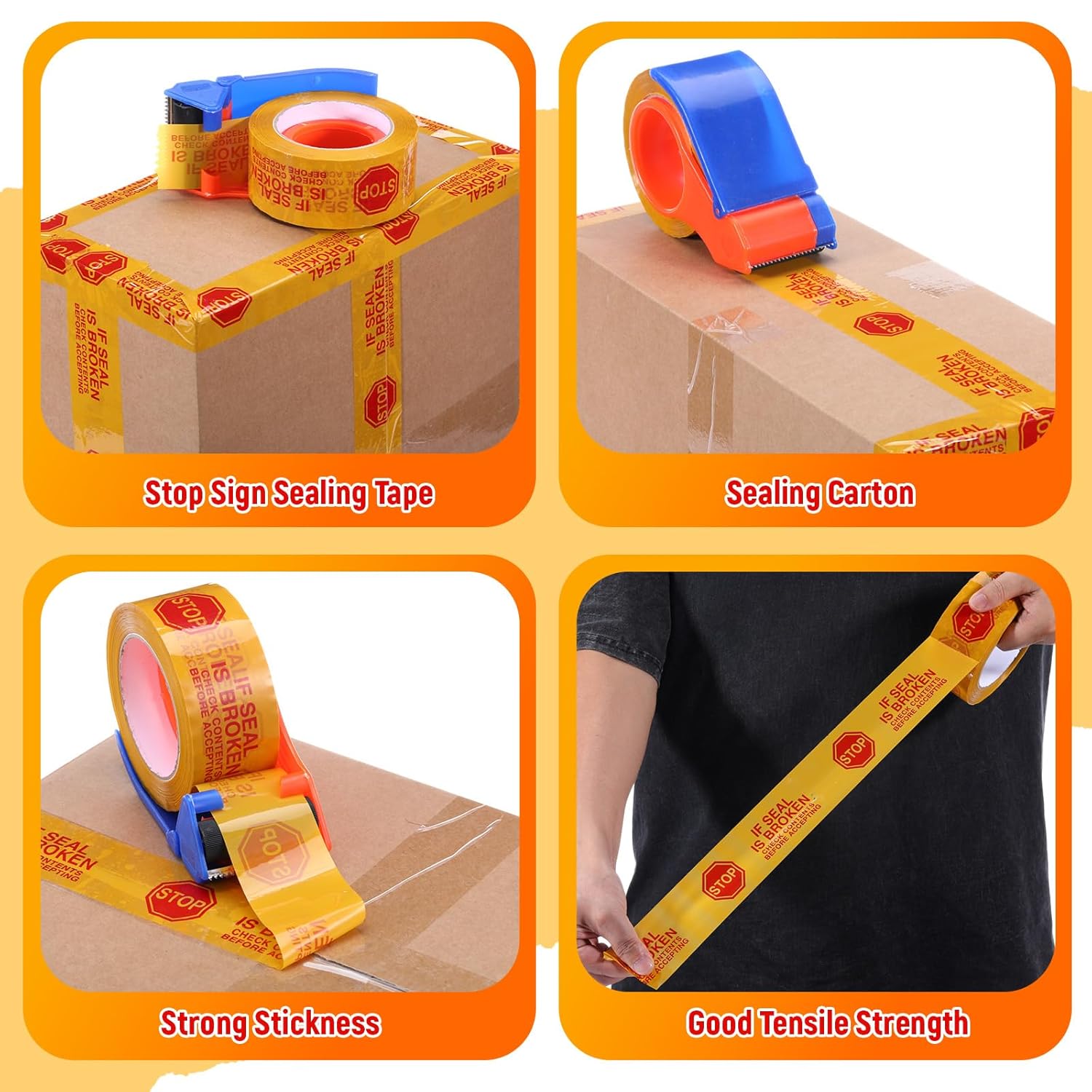 Nezyo 10 Rolls 2 Inch Security Tamper Proof Tape Stop Sign Sealing Tape Pre Printed If Seal is Broken Check Contents Before Accepting for Moving Heavy Duty Packing, 110 Yards x 2 Mil (Yellow)