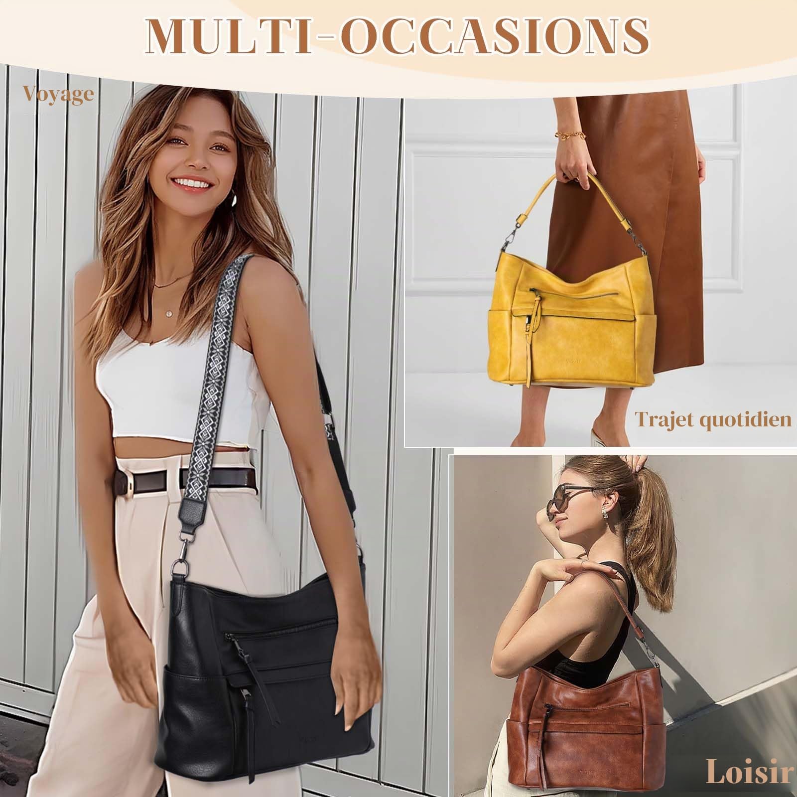VASCHY Sac à Main Hobo Femme, Sac Bandoulière Femme Cuir PU Grande - Sacs à Main Portés Épaule/Portés Main avec Portefeuille pour Shopping, Travail et Voyage