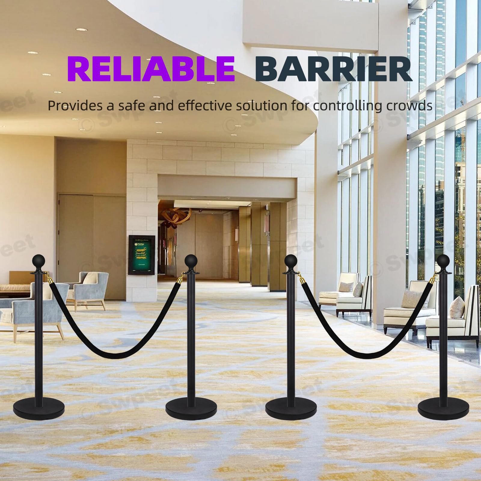 Swpeet 34Pcs Black Stanchion Post Queue Kit con Cuerda de Terciopelo Negro 5 Pies, Postes 38 Pulgadas, Base Metálica