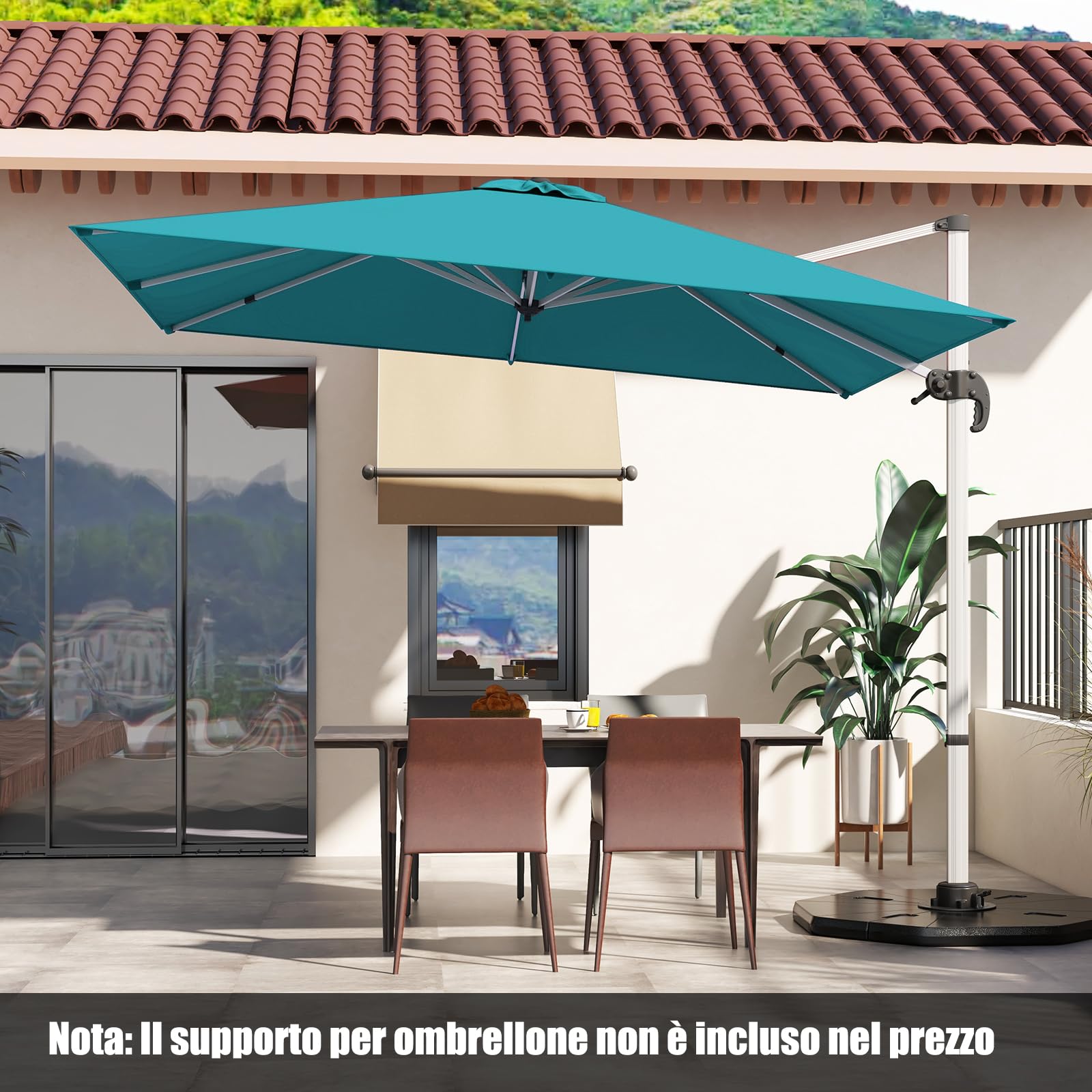 COSTWAY Ombrellone da Giardino 300 cm, Ombrellone Quadrato da Esterno con Rotazione a 360°, Inclinazione Regolabile, Base a Croce, 8 Stecche (Blu)