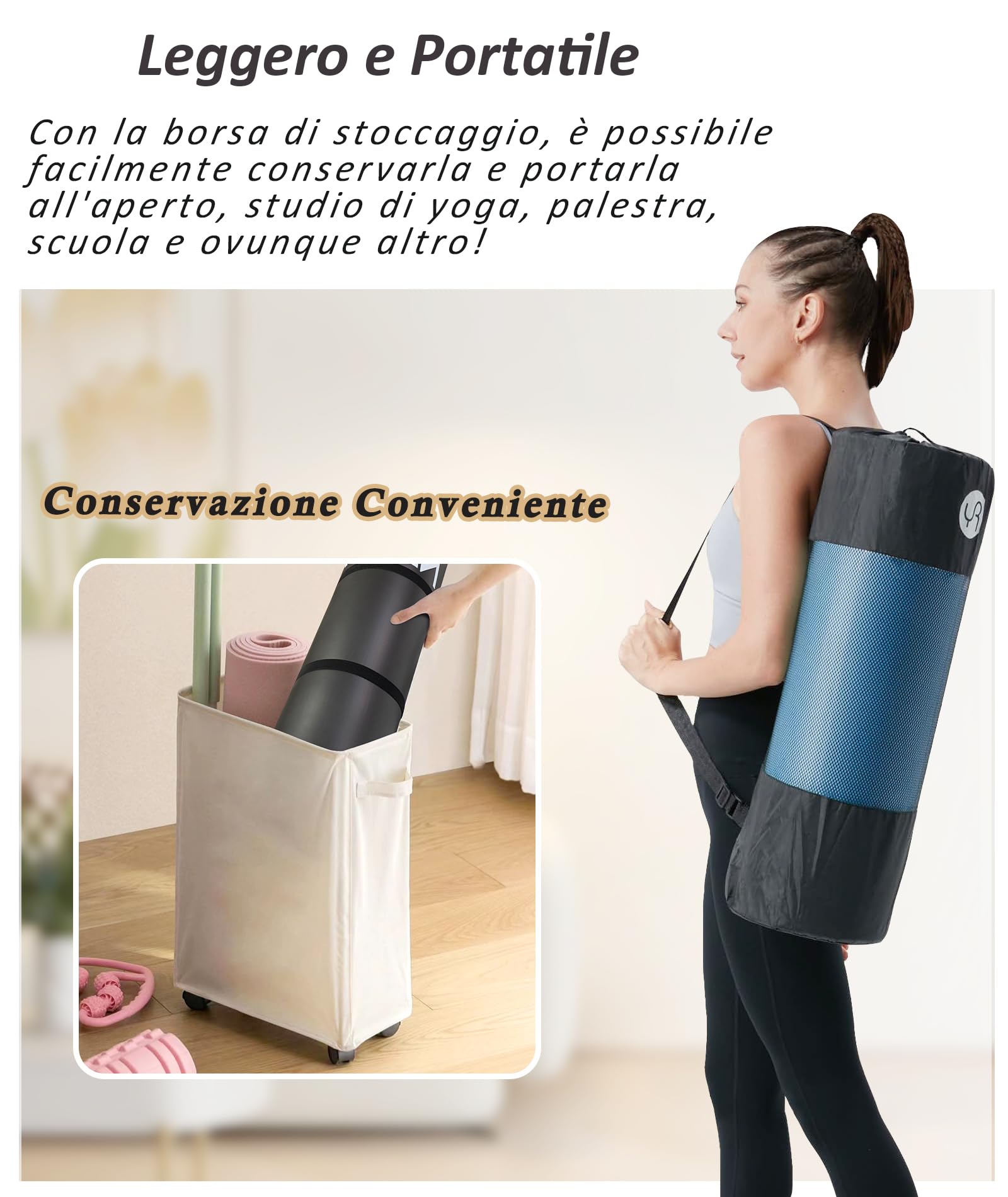 Tappetino da Yoga Antiscivolo NBR 183×61cm 15mm Spesso Tappetino Ginnastica con Cinghia di Rilegatura e Borsa a Rete