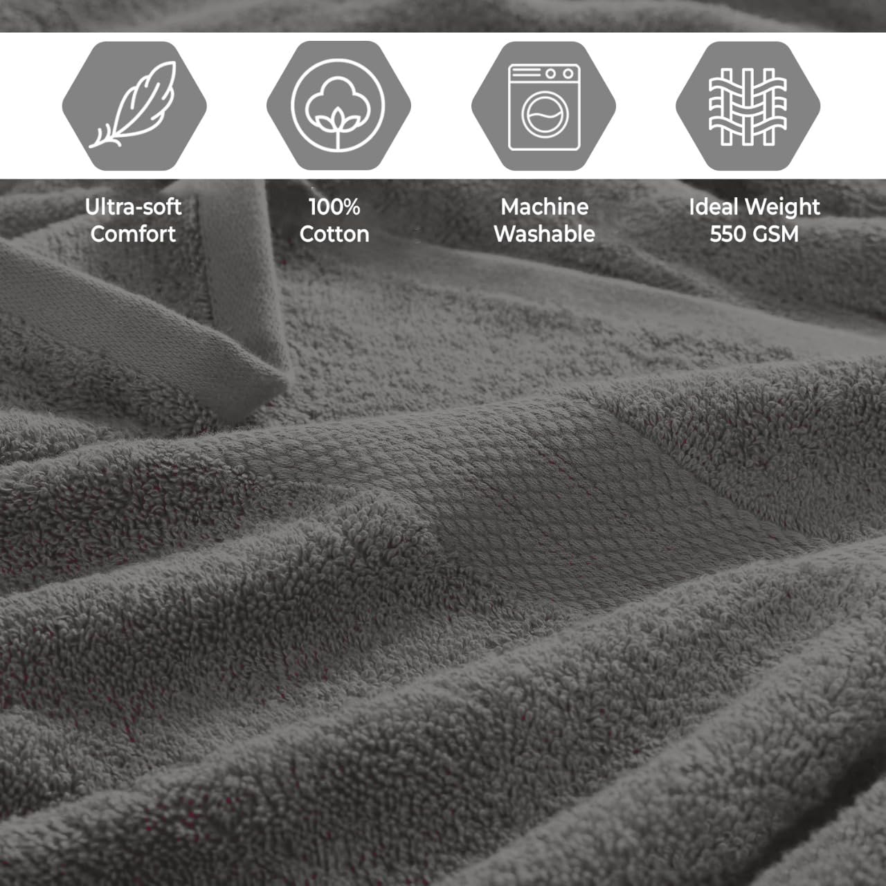 Pack of 8 Towels Set, 2 Large Bath Towels, 2 Hand Towels, 4 Wash Cloths, 100% Cotton, Lighter Weight, Quicker to Dry, Super Absorbent, Perfect for Bathroom (Grey)