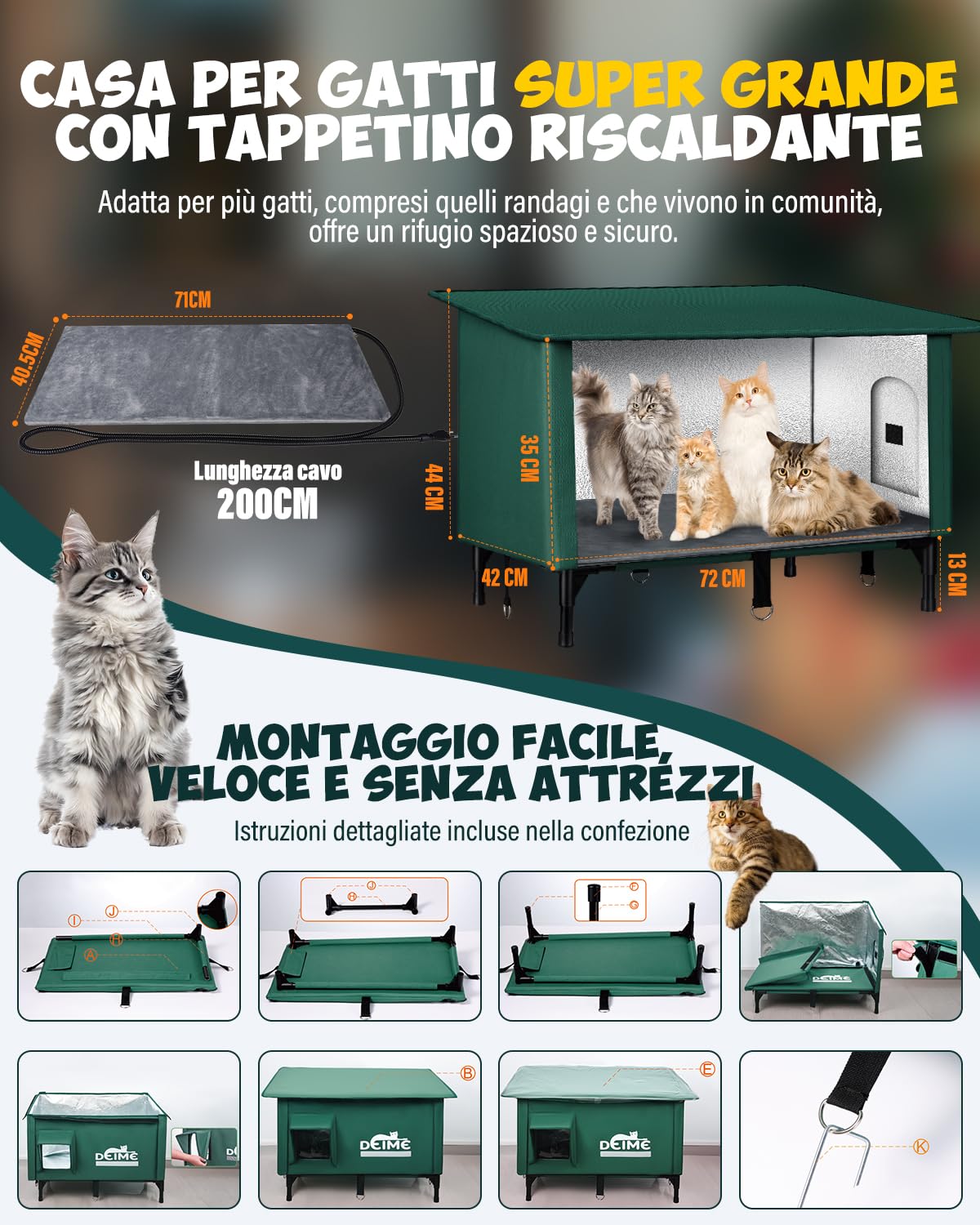 Grande Cuccia Gatto Esterno, Casetta per Gatti da Esterno Impermeabile con Cuscino Riscaldante e Porte di Fuga, Riscaldata Cucce da Esterno per più Gatti, Cat House da Esterno Rialzata