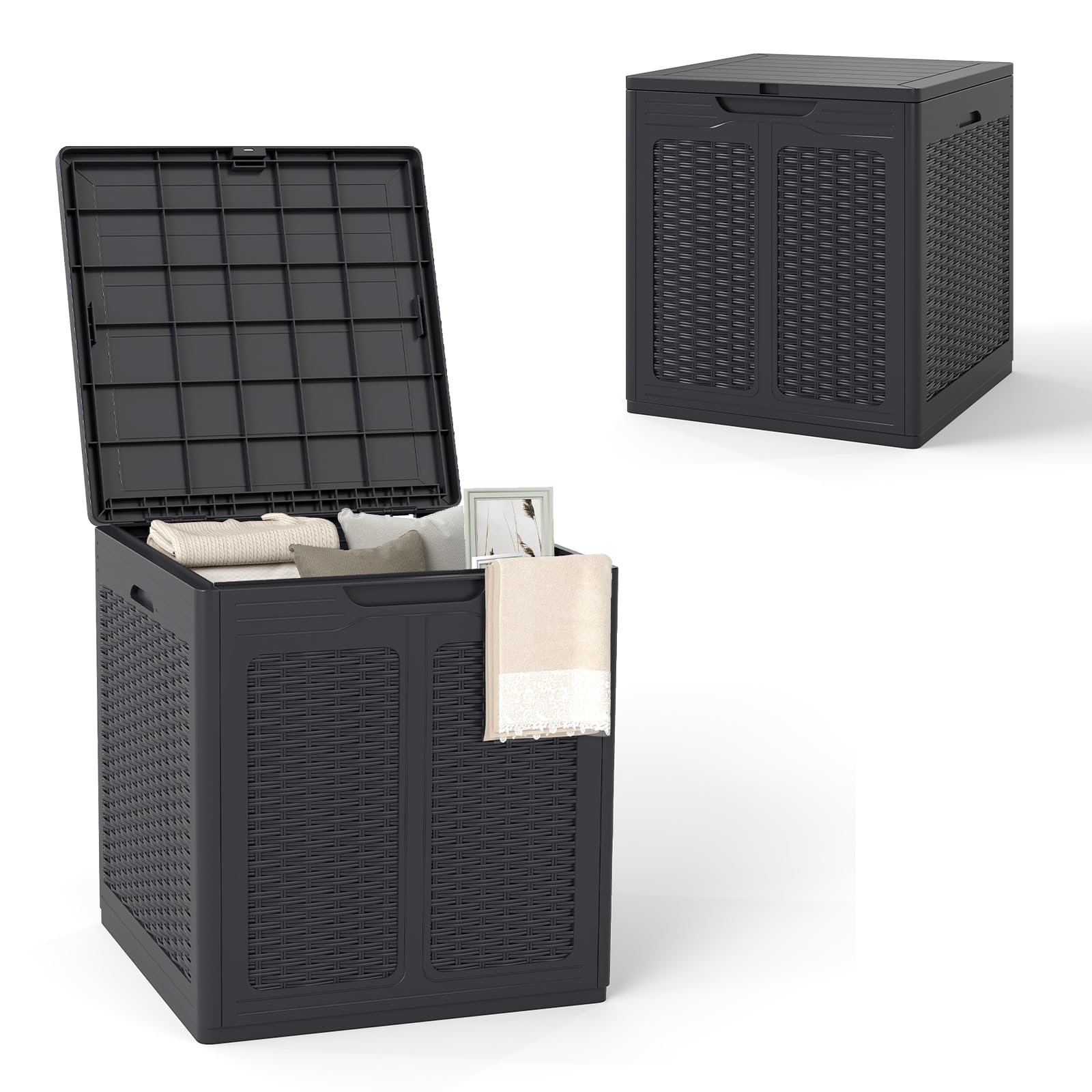 HOMASIS 145L Coffre de Jardin Rangement Imperméable, Boîte Extérieur en PP, Banc de Rangement Verrouillable pour Cour, Bord de Piscine, Terrasse, Charge 80 KG (brun)