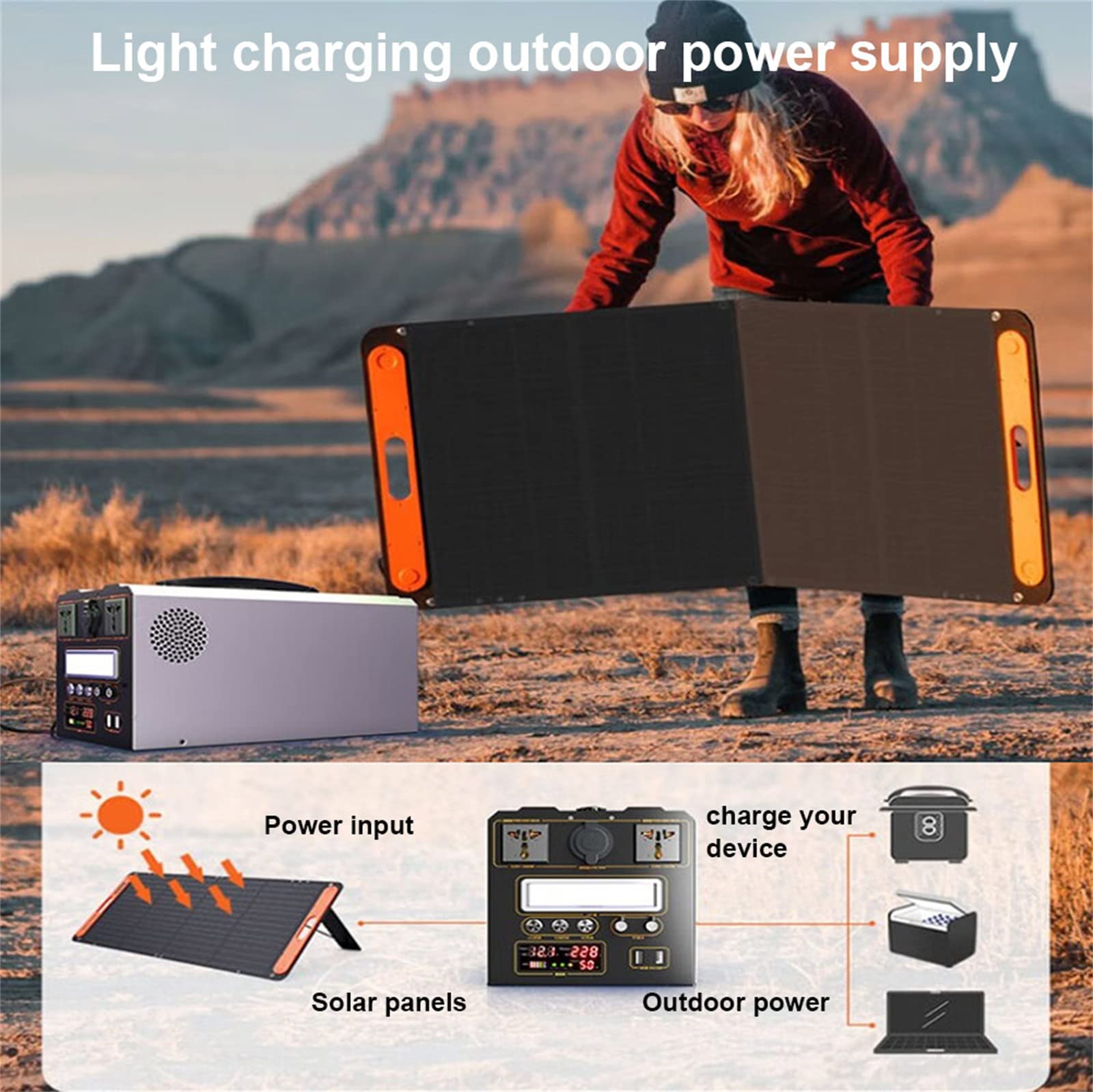 Stazione di alimentazione portatile 378 Wh, generatore portatile per esterni, generatore per esterni a 7 porte da 500 W con 2 prese CA, luce LED, per campeggio, camper, interruzioni di corrente e al