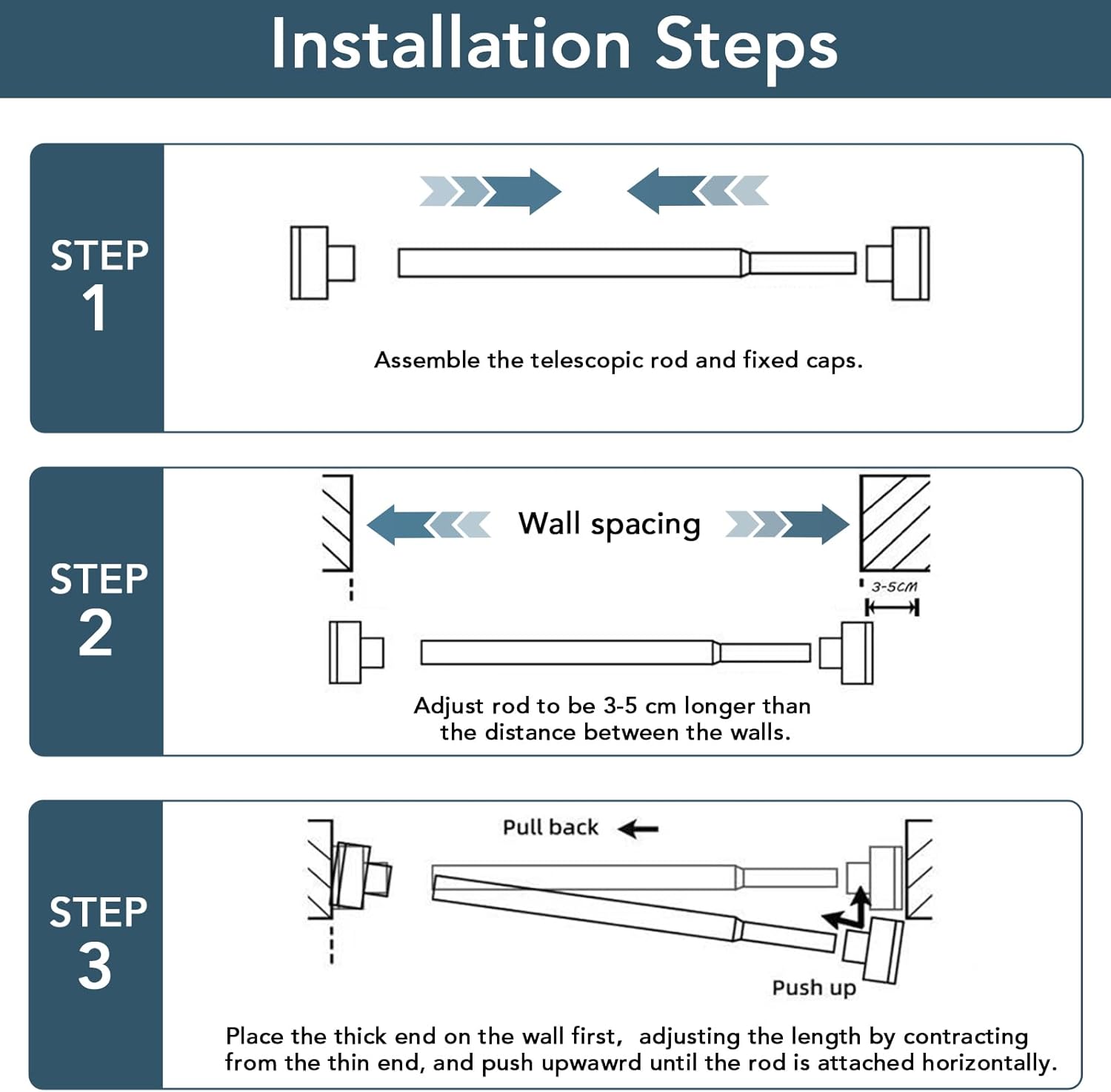 Adjustable Black Shower Curtain Rods 17-67 Inch, No Drill Anti-Rust Non-Slip Heavy Duty Spring Tension Shower Rod, 1" Diameter Drapery Telescoping Curtain Rods for Bathroom