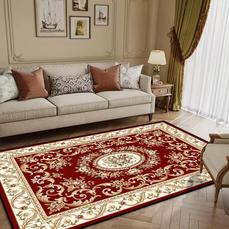 Tapis rouge lavable et antidérapant de style européen pour salon moderne