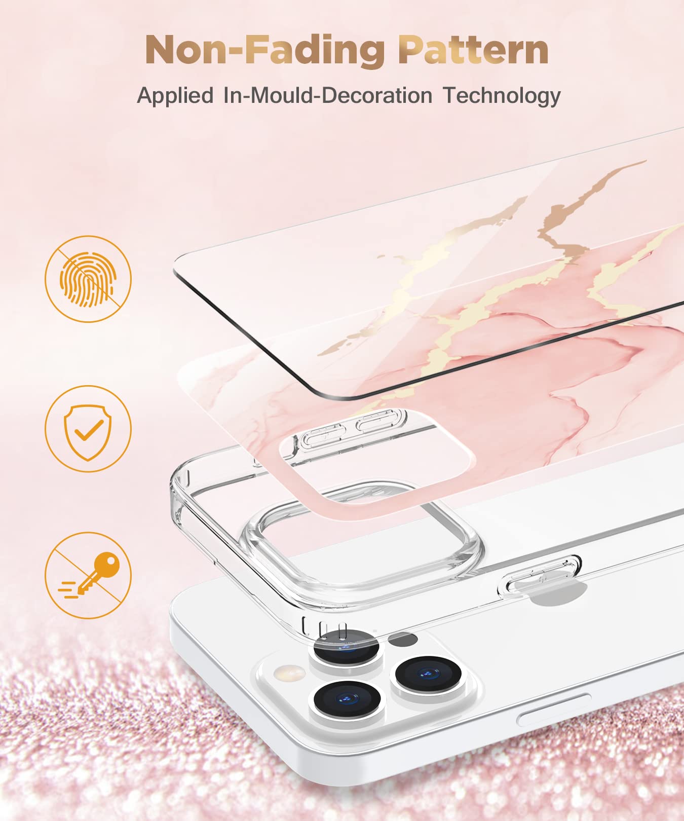 IPhone 15 Hülle Marmor Glitzer – MoonRiver Series, Ultra-dünn, TPU Silikon, Mit Handykette, Pink, Verblasst Nicht