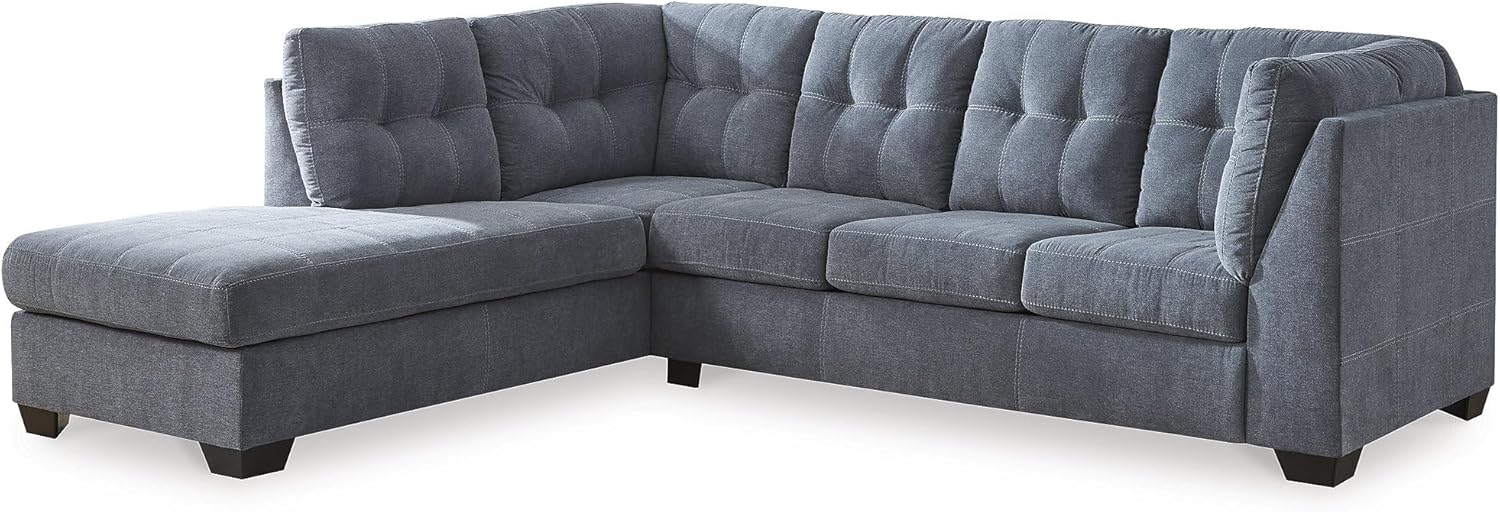 Signature Design by Ashley Marleton Contemporary Left-Arm Facing Tufted 2-Piece Sleeper Sectional with Chaise, Loose Seat Cushions and Bi-Fold Memory Foam Mattress, Full, Blue