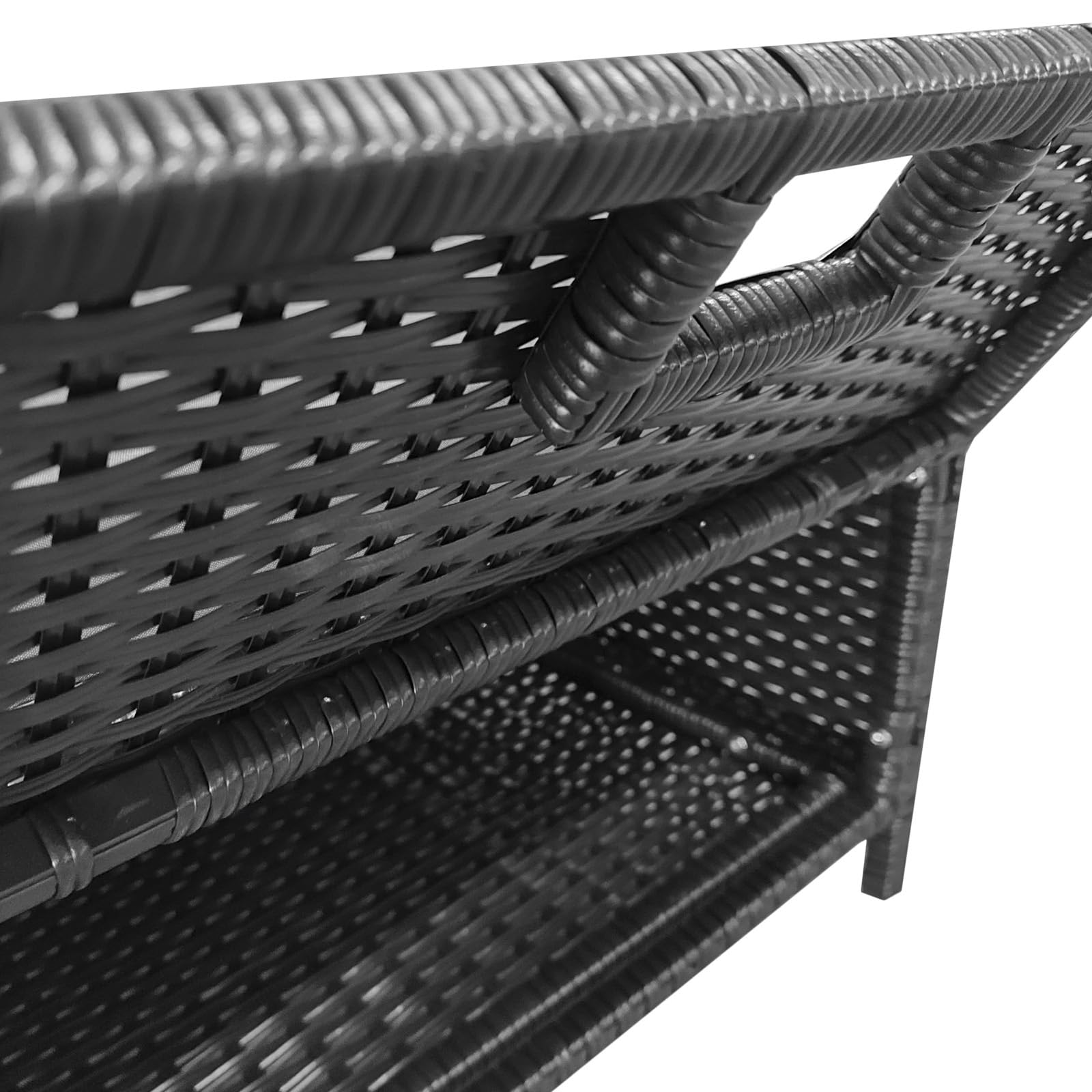 Leżak ogrodowy, leżak rattanowy z miejscem do przechowywania, odchylane oparcie, mobilny leżak z poduszkami, polirattan, metal, 200 x 75 x 30-92 cm (czarny/szary)