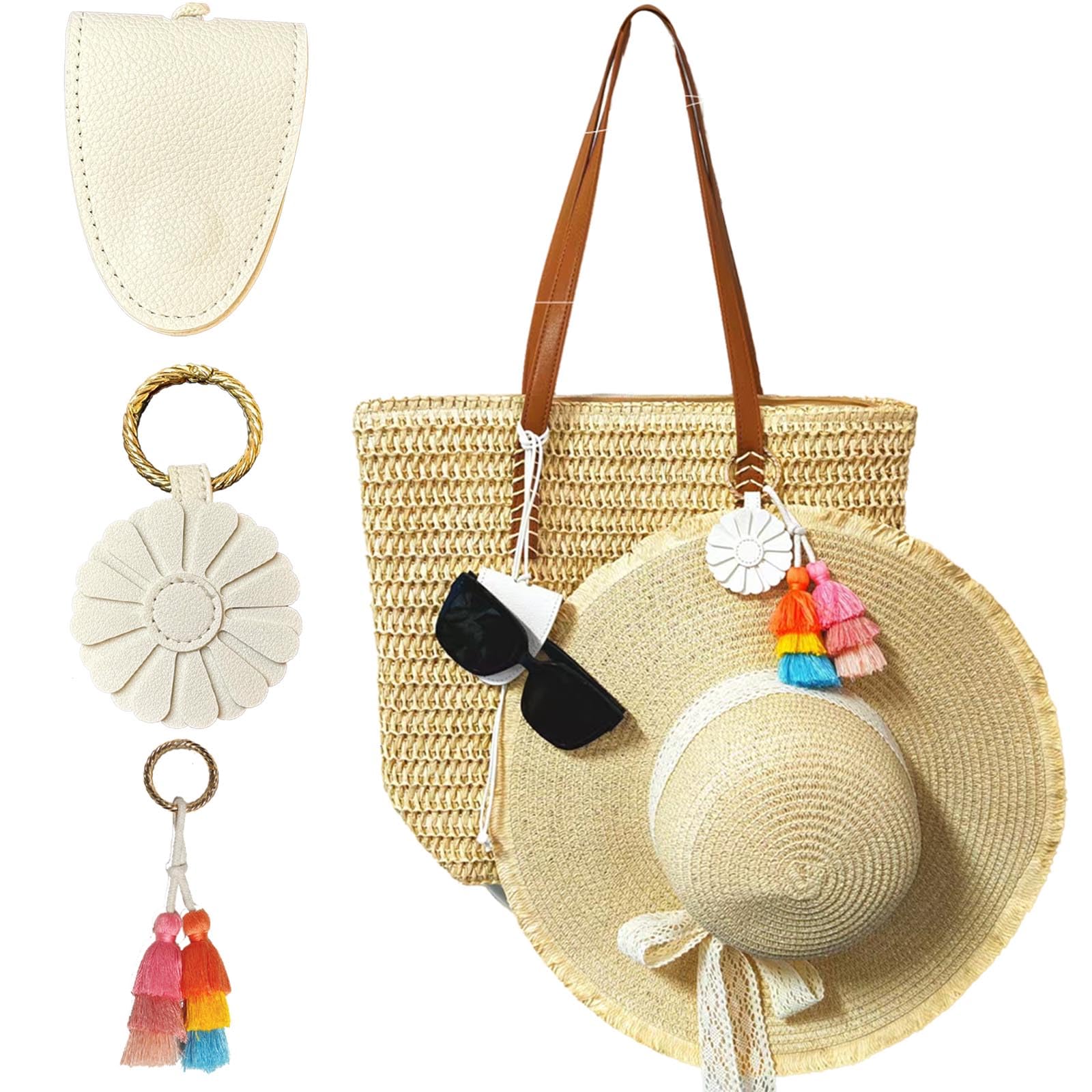 CODOMOR 2 StückBoho Magnetischer Hutclip, Quaste Hut Clip für Reisetasche Strand Handtasche tragbarer Hut-Clips für Sonnenhüte Sonnenbrille, Tasche Anhänger Keychain für Frauen Mädchen (Colors)