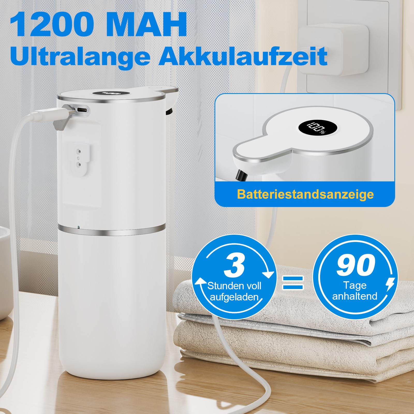 Fantictas Dozownik mydła automatyczny, elektryczny dozownik mydła z wyświetlaczem, ładowany przez USB, 6-stopniowa regulacja, 380 ml, montaż na ścianie, do łazienki/kuchni/płynu do mycia