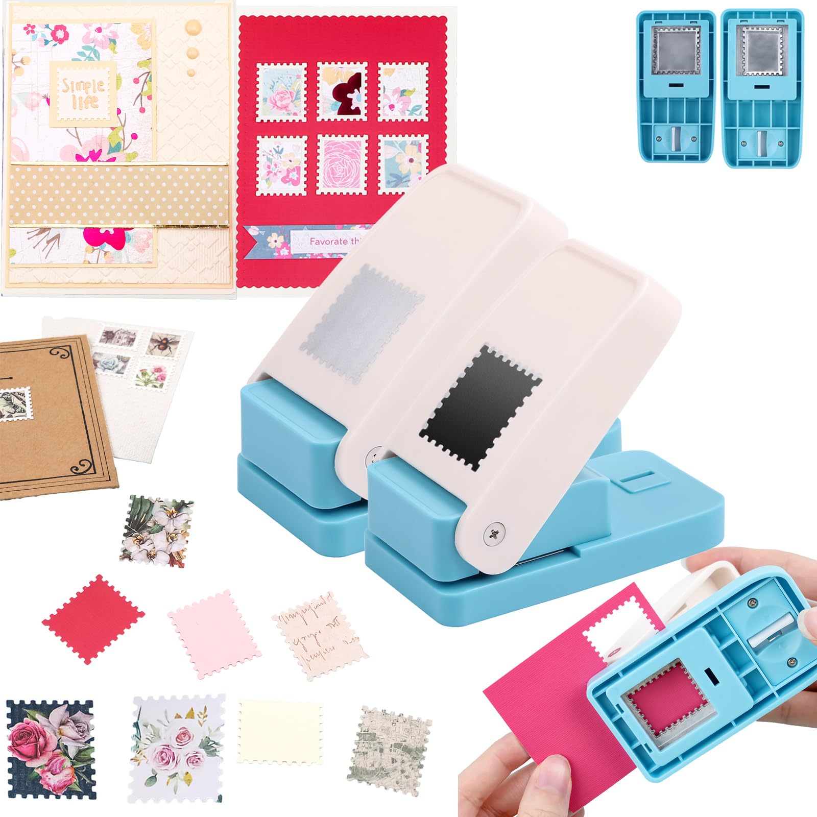 OTCRAFT 2Pcs/Set Stamp Puncher 1x1inch &1x0.8inch Rectangular Postage Stamp Punch |Stamp Hole Puncher| Lever Action Paper Punches for Crafting Scrapbooking DIY Card Making Arts Crafts Supplies — image 1