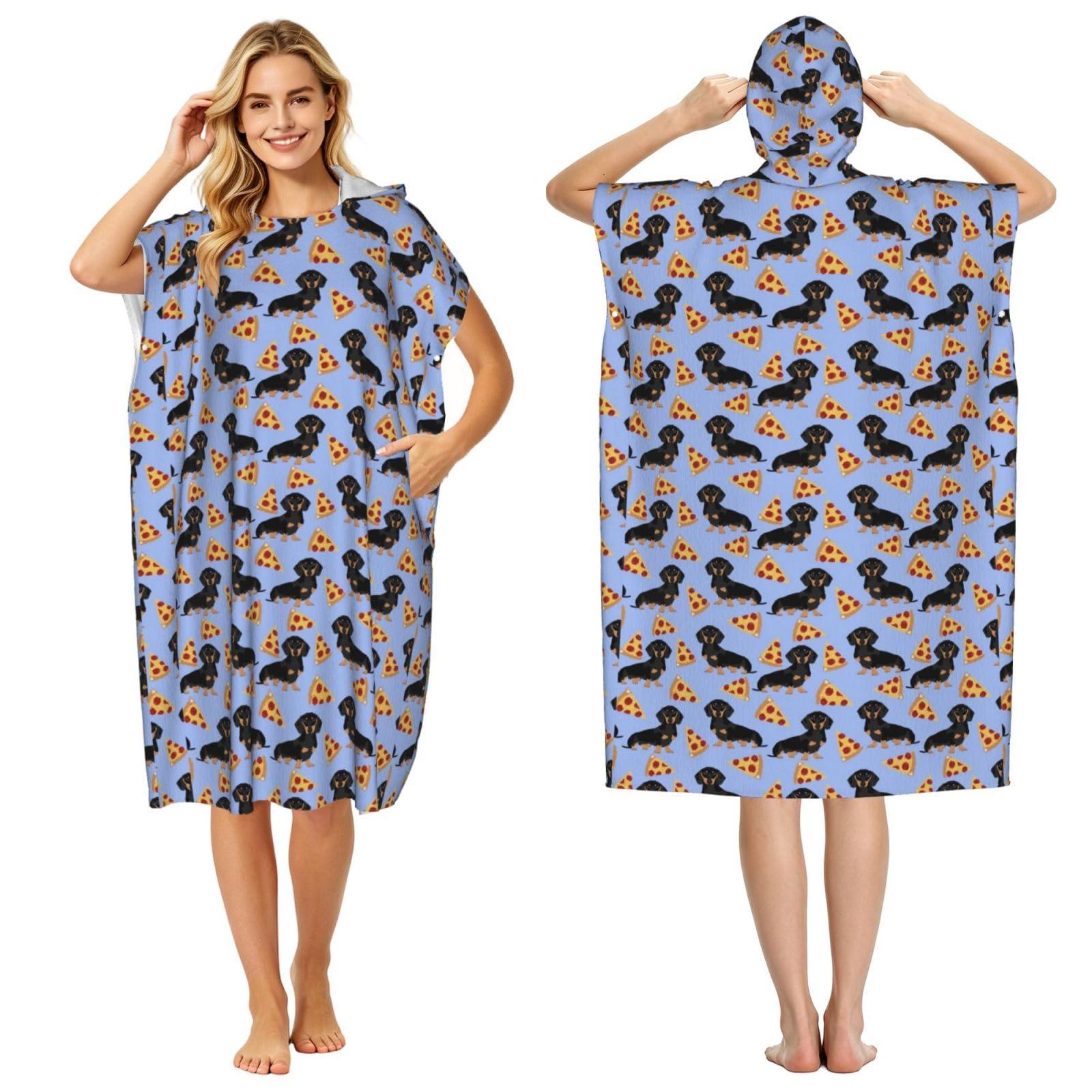 Poadnly Pizza Food Dachshund Dog Cute, Adult Hooded Beach Towel 90 x 110 cm,Changing Bath Robe, Surf Poncho Towel For Women Men