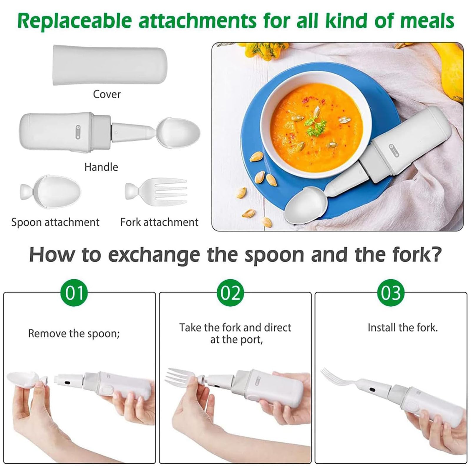 Juego de utensilios de cuchara adaptable para temblores de mano, tenedor y cuchara antivibración, ideal para artritis y ancianos, cubiertos para discapacitados para adultos, diseño ergonómico