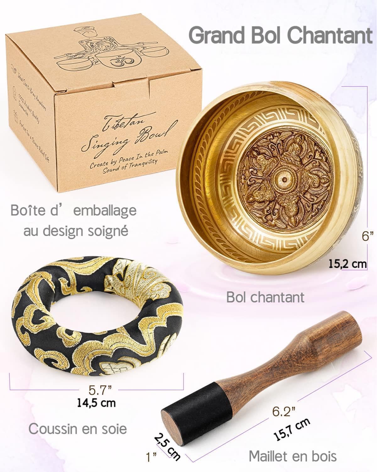 Hihealer Ensemble de Bols Chantants Tibétains Fait Main au Népal - Bol Sonore, Maillet, Coussin et Boîte Cadeau; Méditation, Yoga, Guérison des Chakras (Bouddha, 16cm)