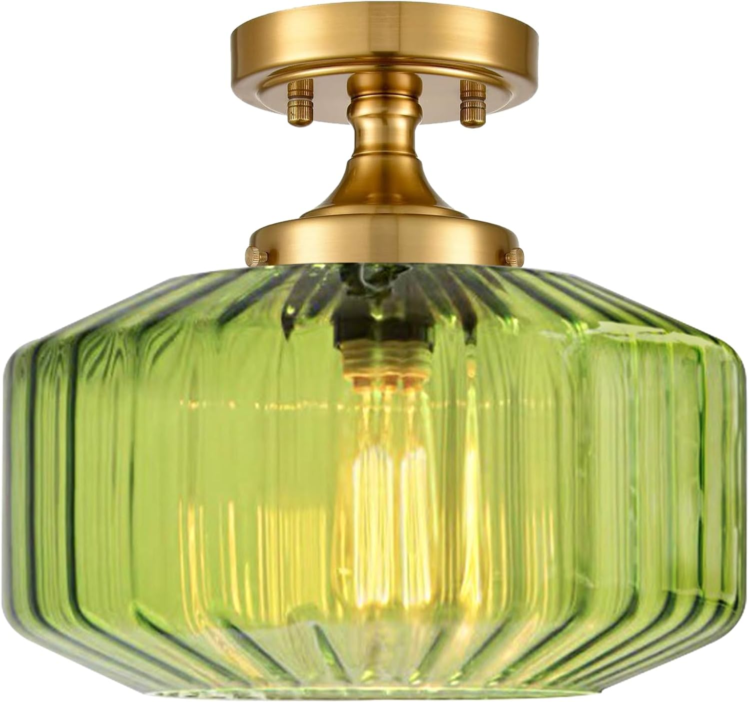 Semi Flush Mount Ceiling Light Mid Century Brass Farmhouse Kitchen Light Fixture with Depression Green Glass Shade Frameless Design Suitable for Living Room Entry Cloakroom