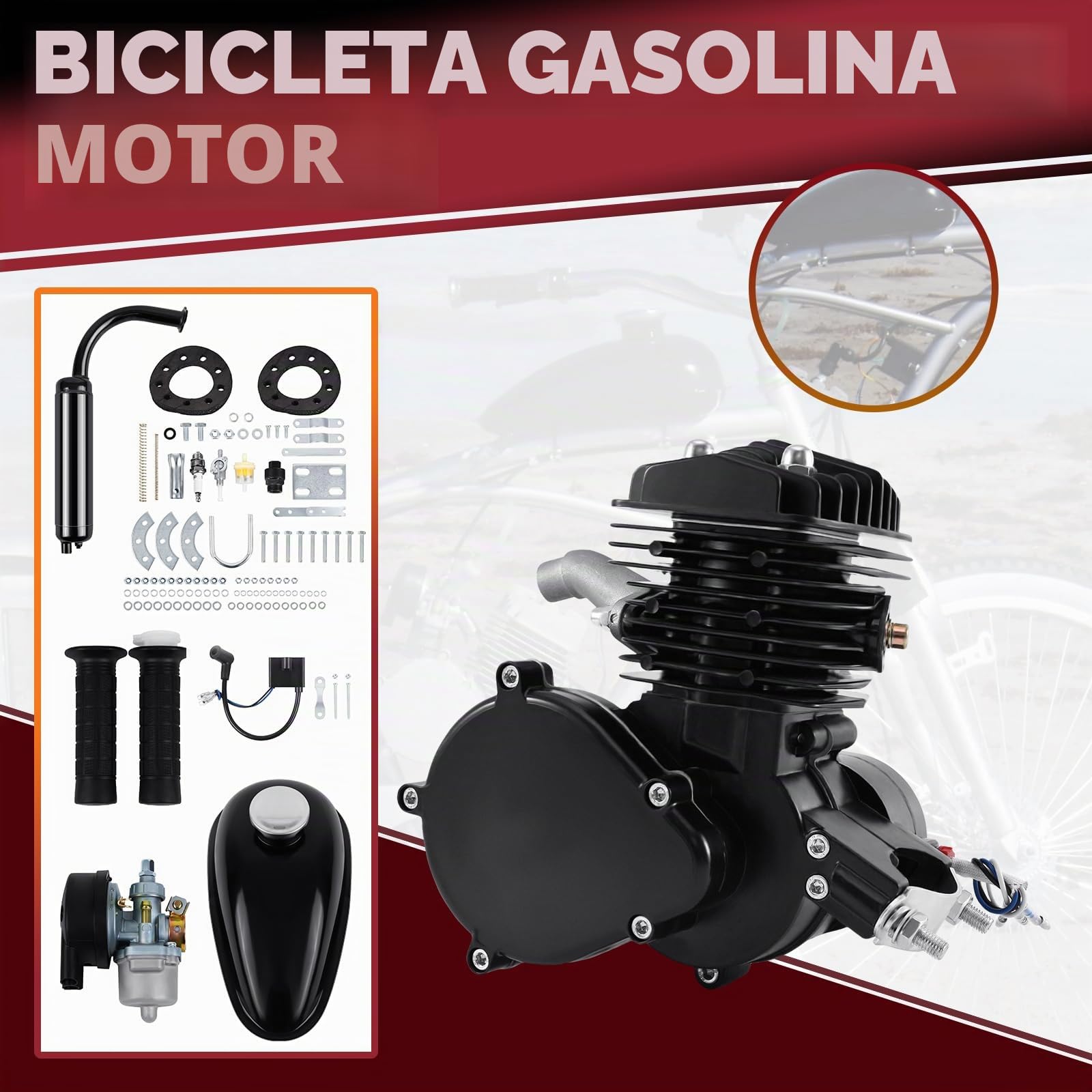 Kit Motor Bicicleta 2 Tiempos 80cc Gas Conversión Bicicleta Motorizada 28 Pulgadas Negro