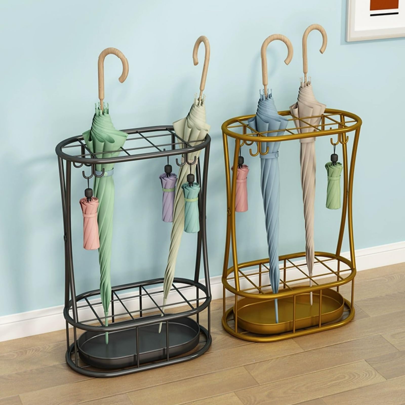 Nowoczesny stojak Umb - wielofunkcyjny uchwyt na umb z kutego żelaza do użytku wewnątrz i na zewnątrz - stylowy czarny design do hoteli i domu - 47 x 32 x 18 cm