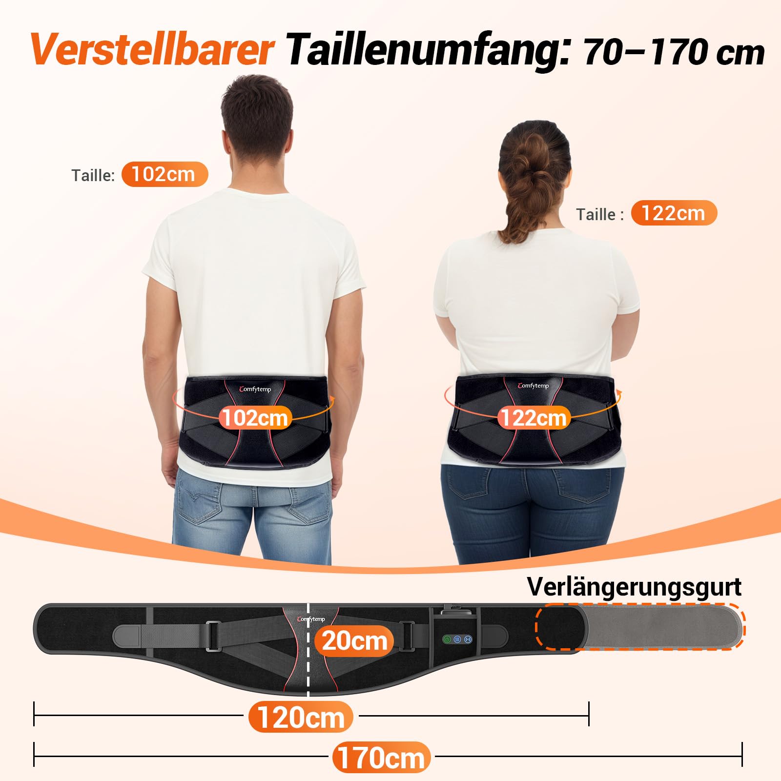 Comfytemp Infrarot Wärmegürtel kabellos 3D Rückenstütze, Vibrationsmassage | 170cm Heizgürtel mit 5000mAh Akku, Rückenwärmer Heizkissen Rücken mit Kompressionsband, Geschenk für Papa Mama Frauen Männer
