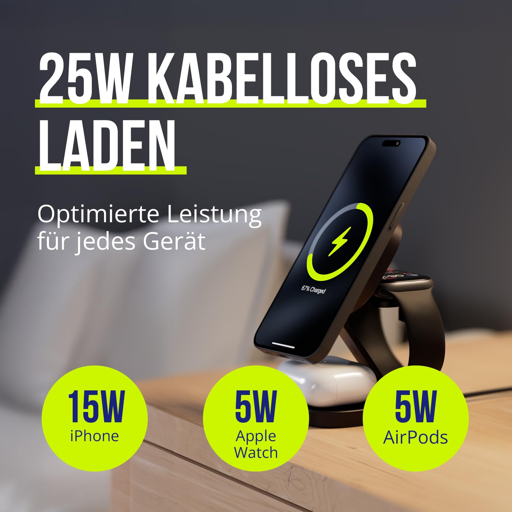 3-in-1 Ladegerät 25W – Faltbare Kabellose Ladestation für iPhone, Apple Watch & AirPods – Mini Wireless Charging Stand mit LED & USB-C – Kompatibel mit Qi & MagSafe – Graphit | iPhone Watch AirPods Ladestation, faltbar, 100 g, 10 x 70 x 100 mm, USB-C-Kabe