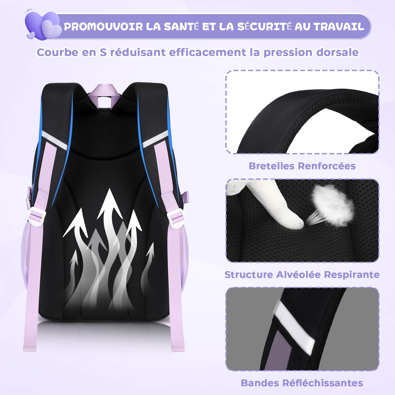 Sisipoet Cartable Fille Primaire, Sac à dos Enfant Respirant avec Bandes Réfléchissantes, Sac d'école Ergonomique Portefeuille Amovible, Sac à dos Adolescent Fille Léger pour École et Voyage - 5