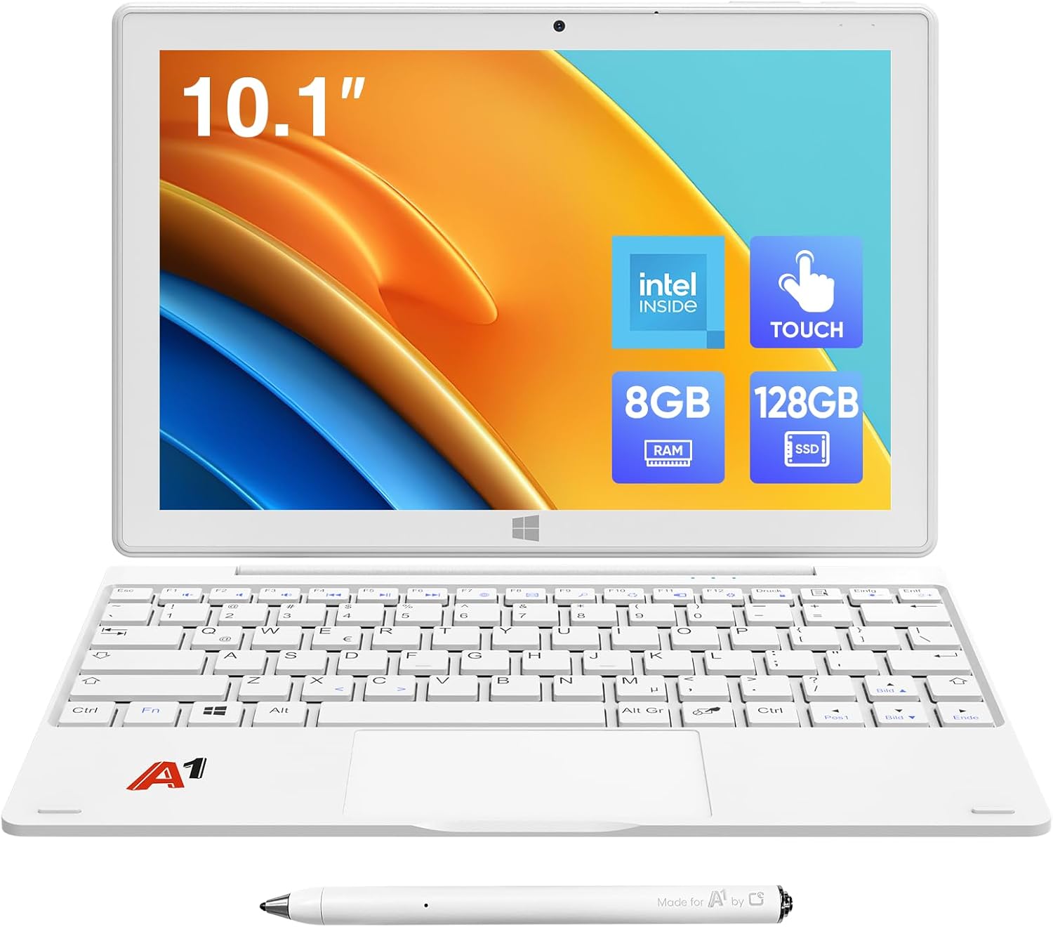 2-in-1 Detachable Touch Screen Laptop, 8GB DDR4 RAM, 128GB SSD, 10.1" Tablet with Keyboard, Pentium N5030 (Up to 3.1GHz), Dual-Band WiFi, Bluetooth, USB 3.0, Dual Camera, White