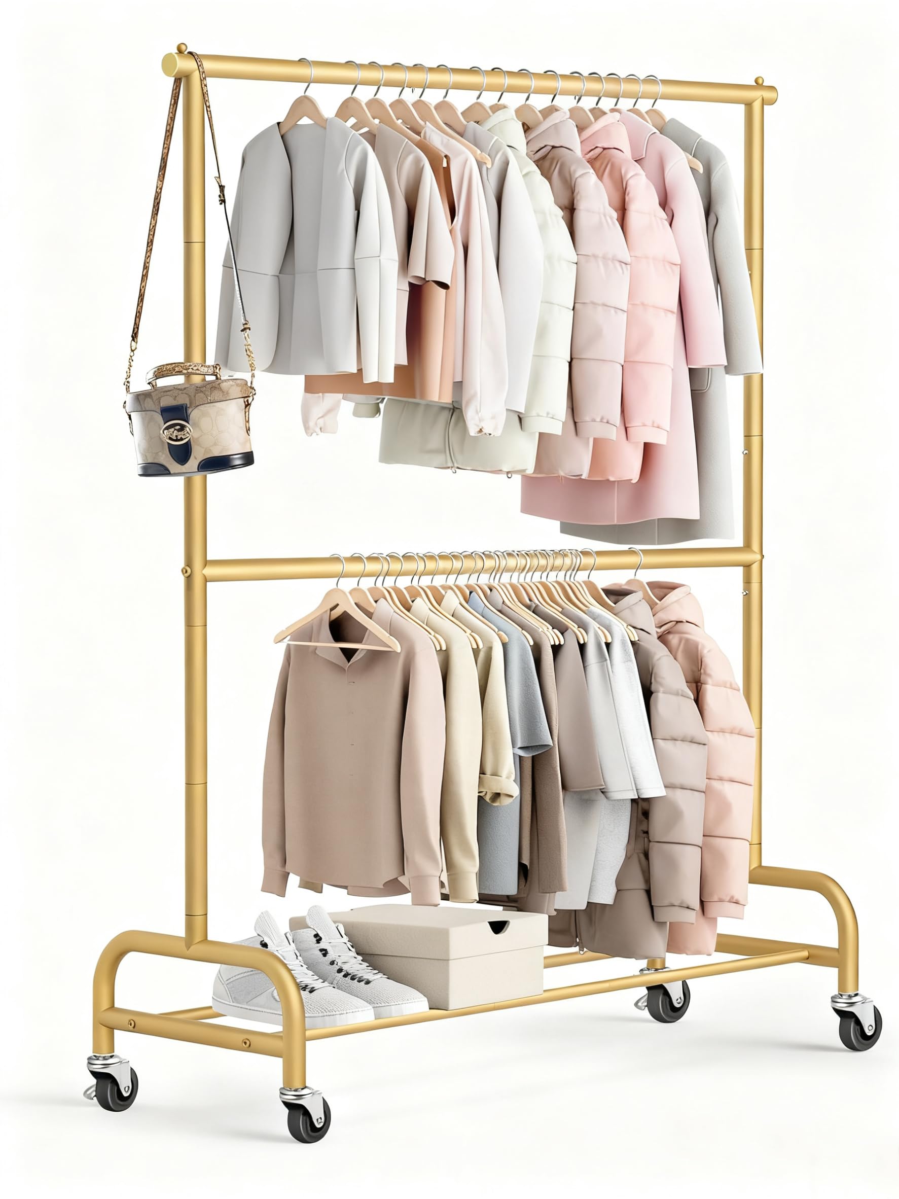 MISSLO Double Clothing Rack Heavy Duty, 2 Tier Rolling Clothes Rack, Freestanding Garment Rack Hanging Rails for Clothes, Coat, Dresses, Metal, 197 cm Height Adjustable, Gold โ image 1
