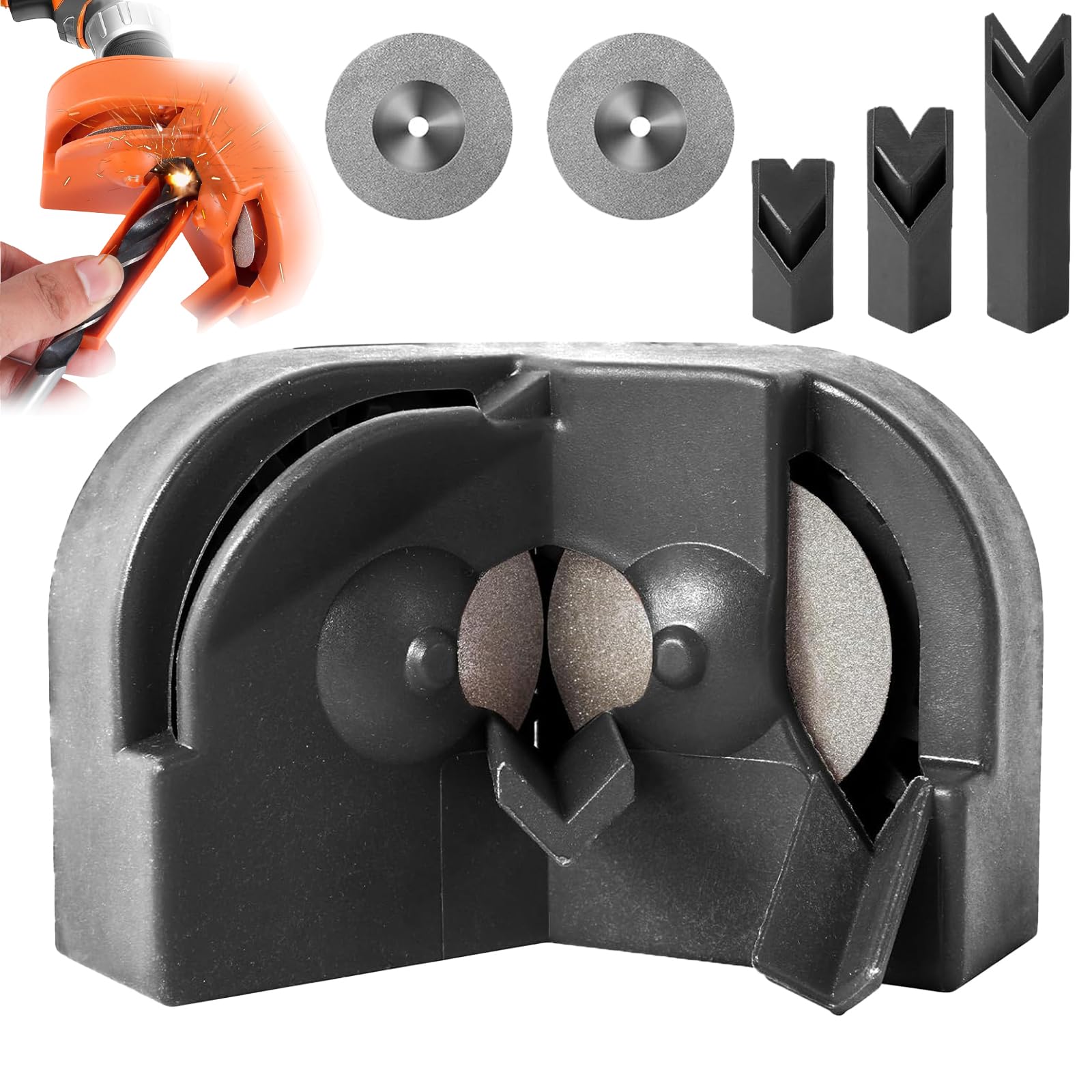 Drill Bit Sharpener, Multipurpose Drill Bit Grinding Sharpener, Drill Bit Sharpening Tool Jig for All Bits, Afilador De Brocas Para Metal With 2 Grinding for Hss Masonry Carbide Metal (Black)